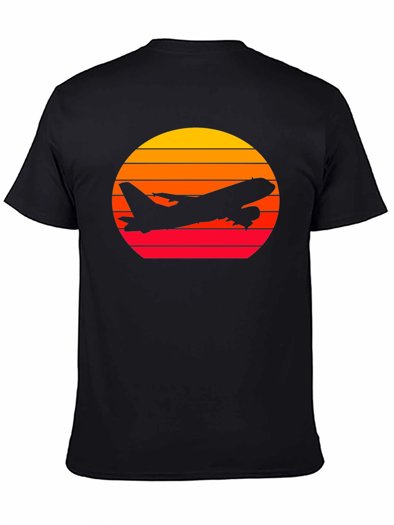 Sunset Airplane Graphic Tee - Black Cotton T-Shirt
