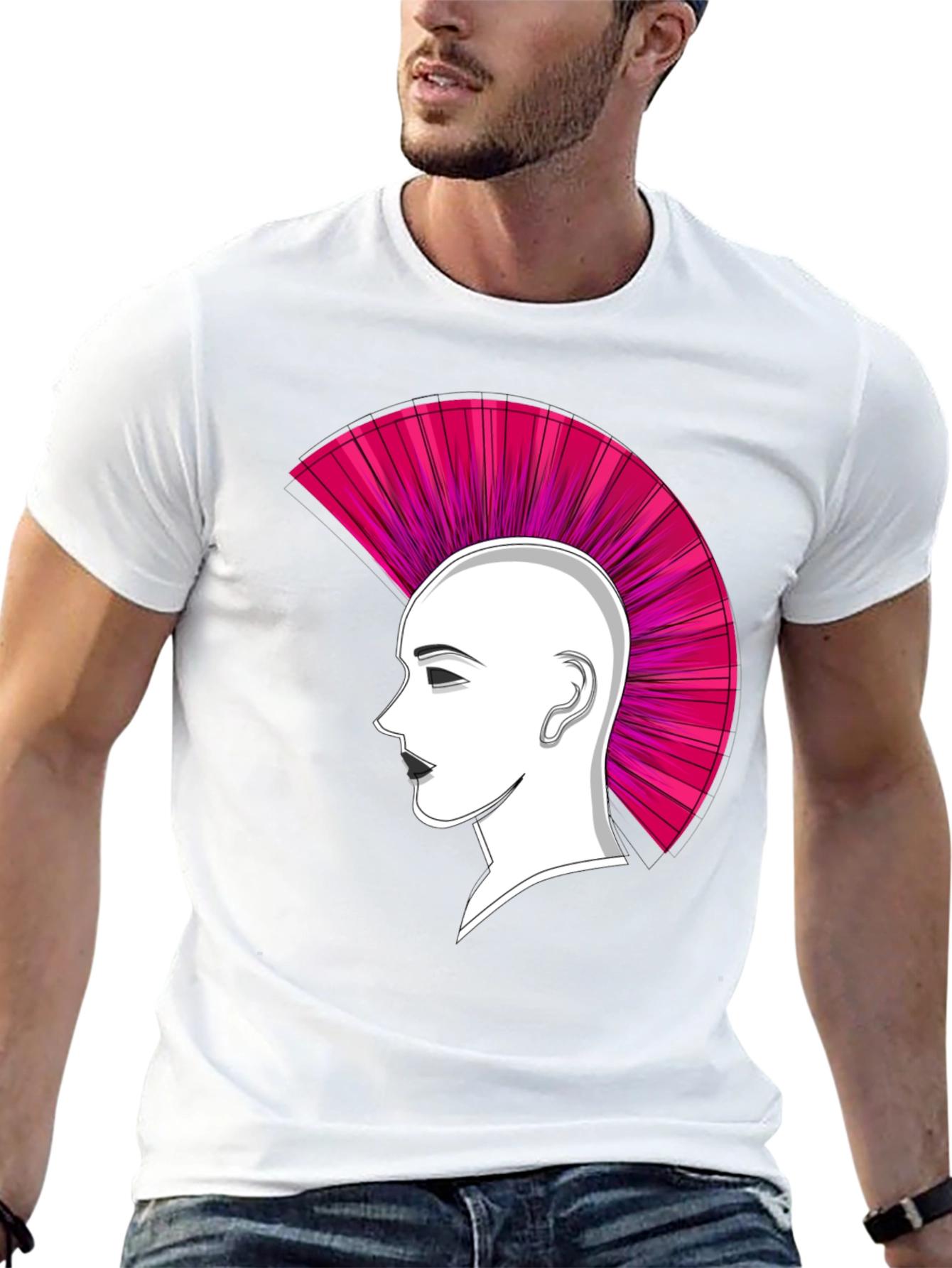 Punk Hairstyle Graphic Tee - Black Cotton T-Shirt