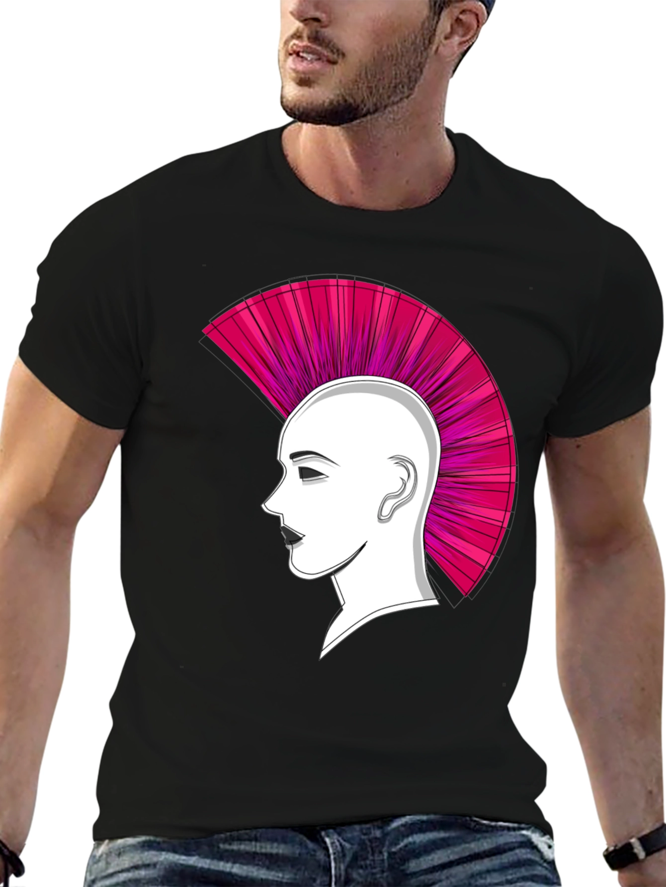 Punk Hairstyle Graphic Tee - Black Cotton T-Shirt