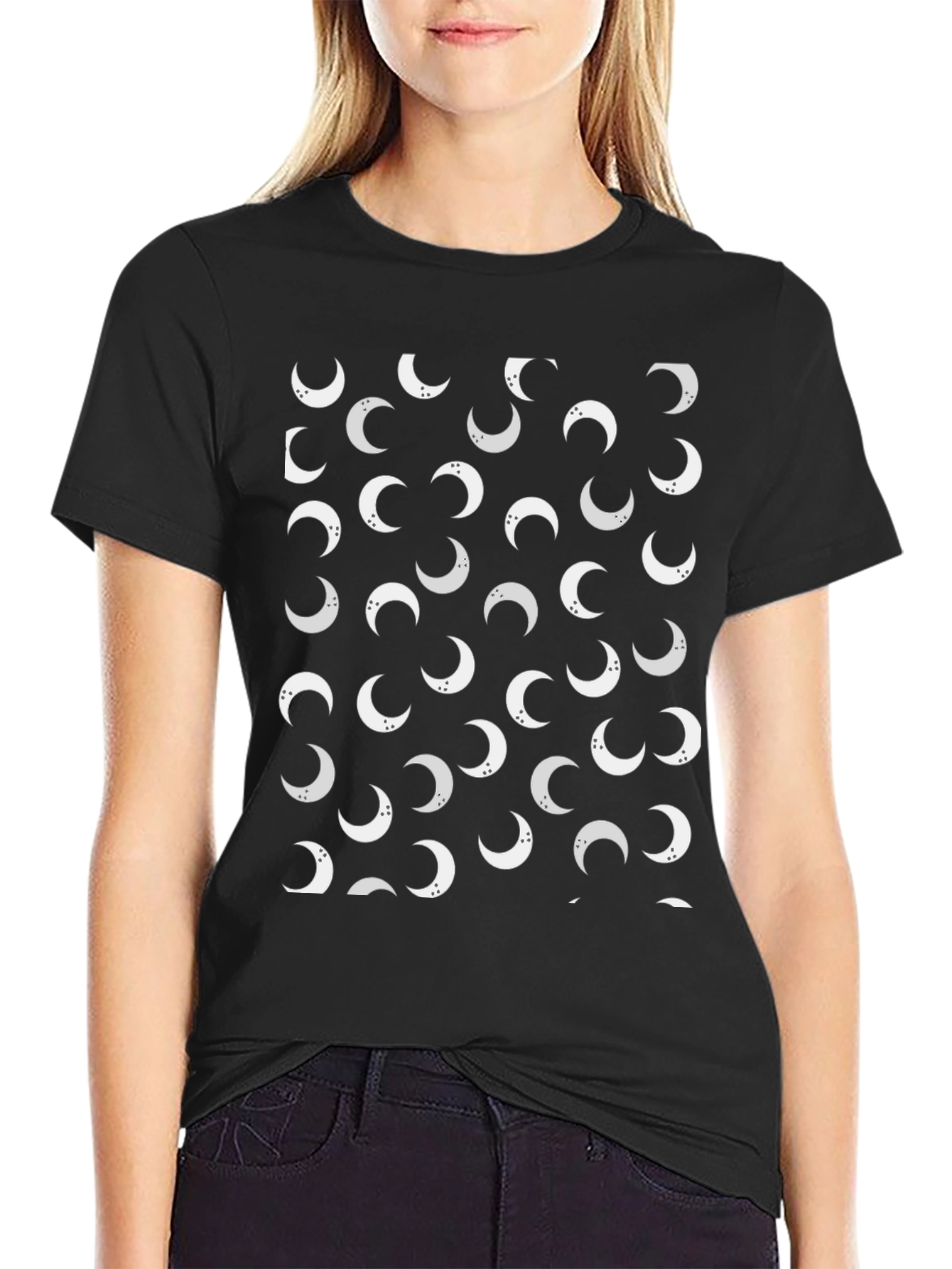 Crescent Moon Pattern Tee - Stylish Black Cotton T-Shirt