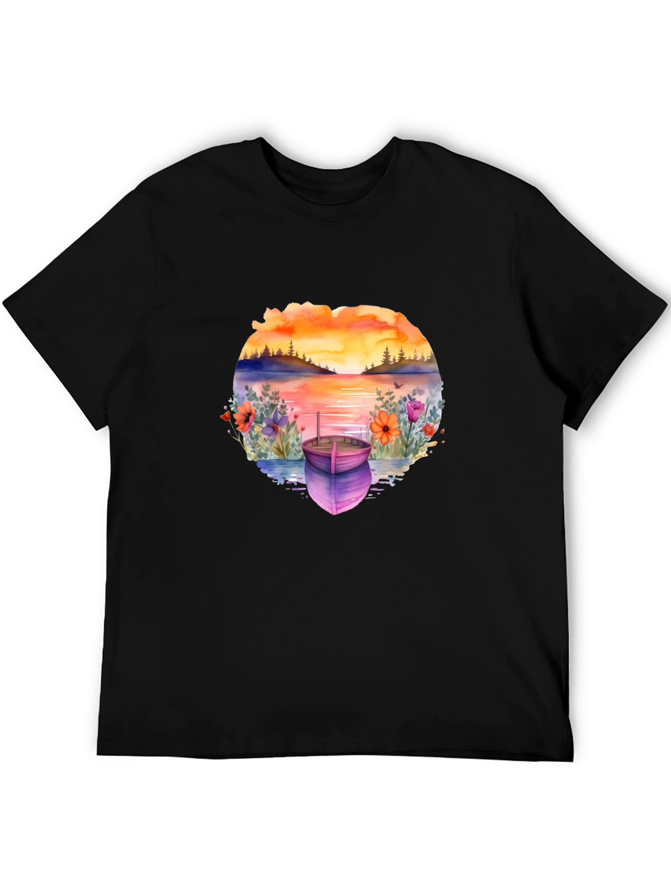 Sunset Lake Boat Graphic Tee - Stylish Relaxed Fit
