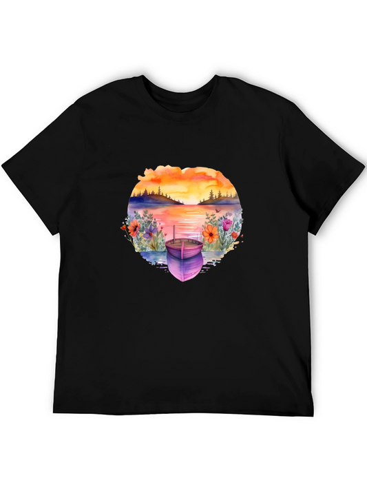 Sunset Lake Boat Graphic Tee - Stylish Relaxed Fit