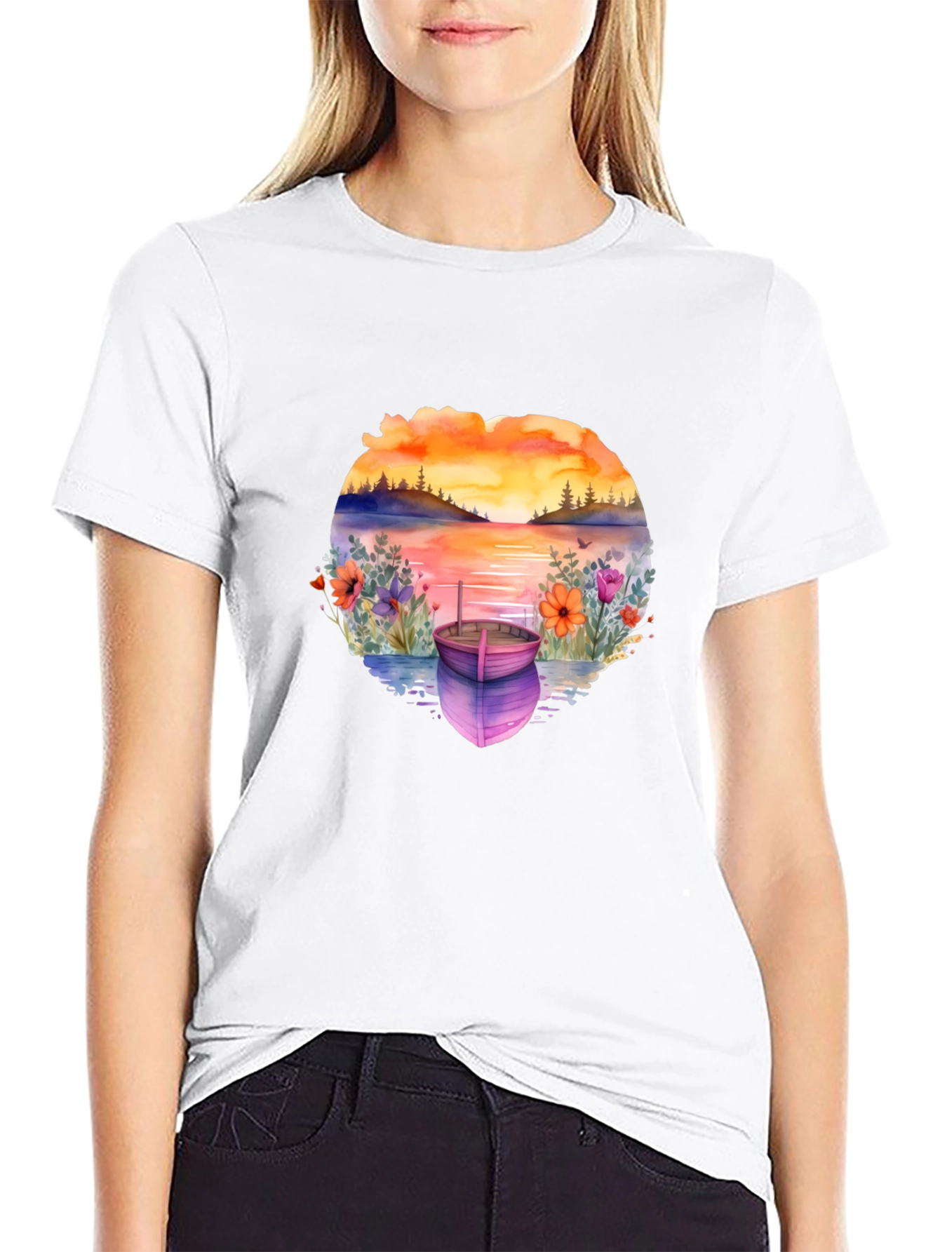 Sunset Lake Boat Graphic Tee - Stylish Relaxed Fit