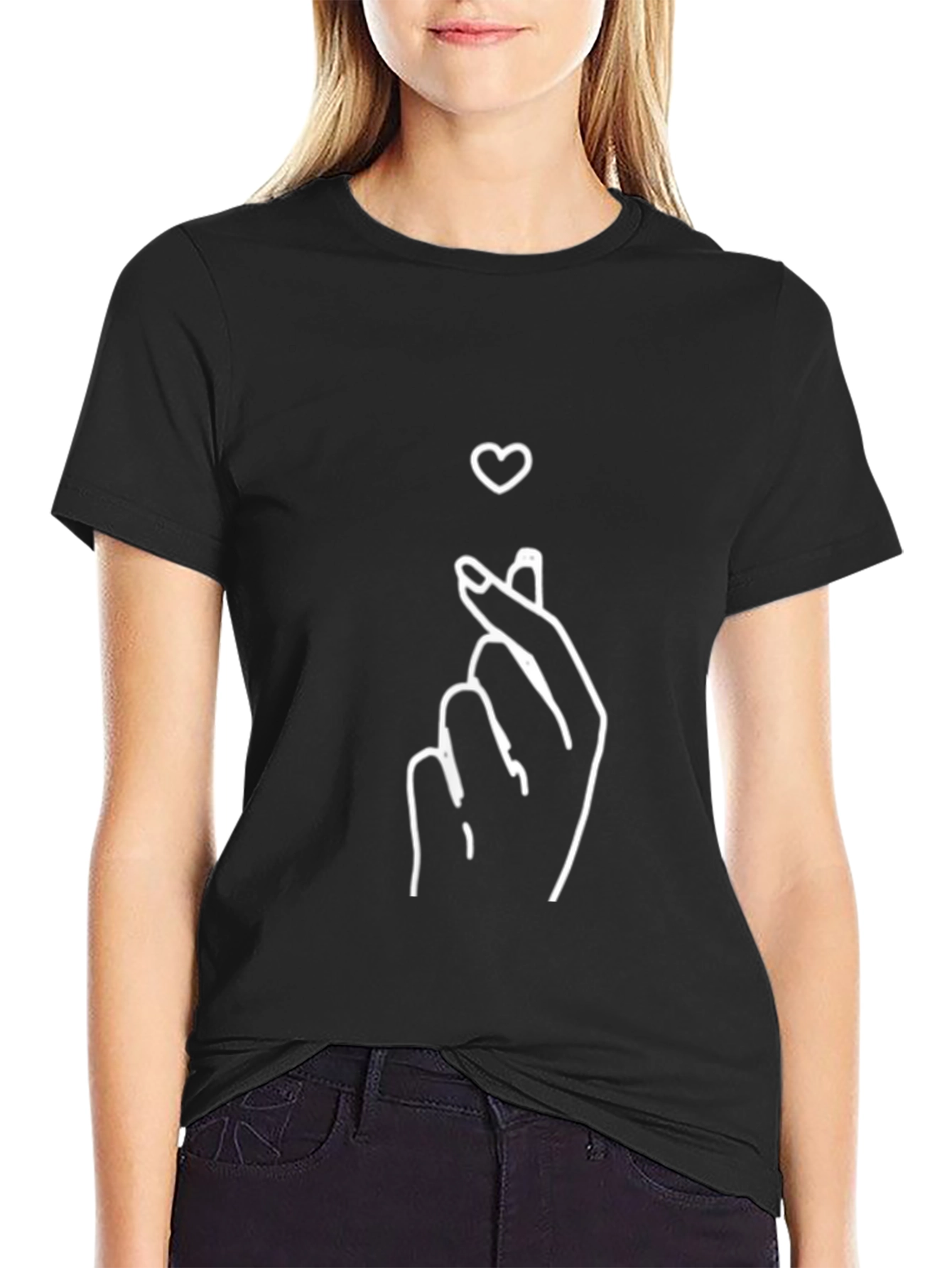 Finger Heart Gesture Graphic Tee - Trendy Black T-Shirt