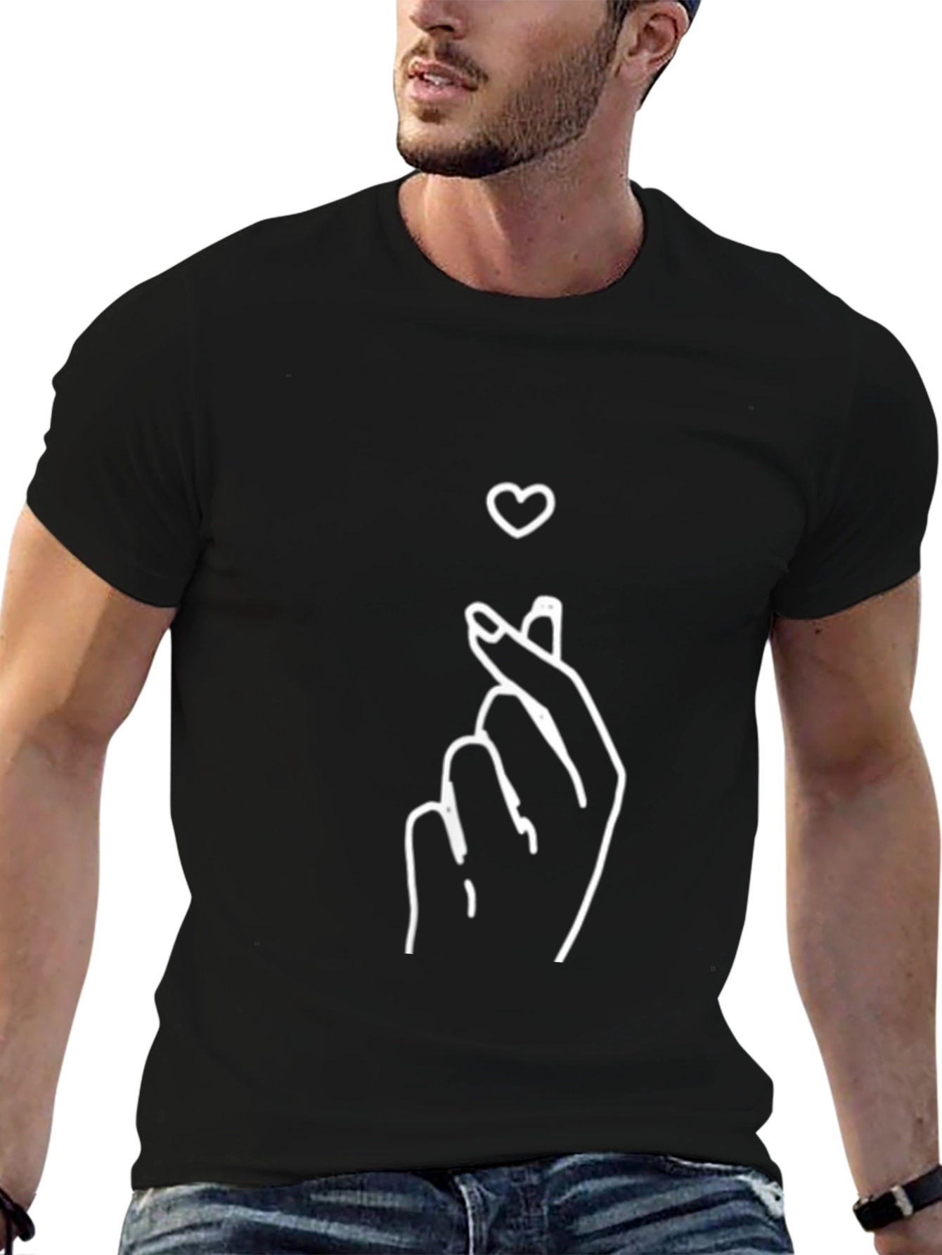 Finger Heart Gesture Graphic Tee - Trendy Black T-Shirt