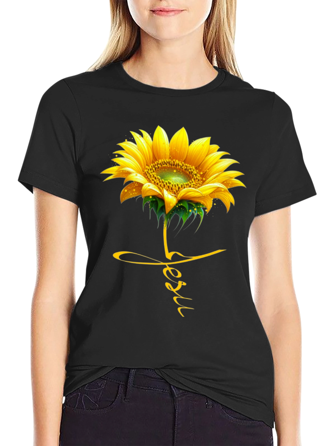 Sunflower Jesus Graphic Print Black T-Shirt