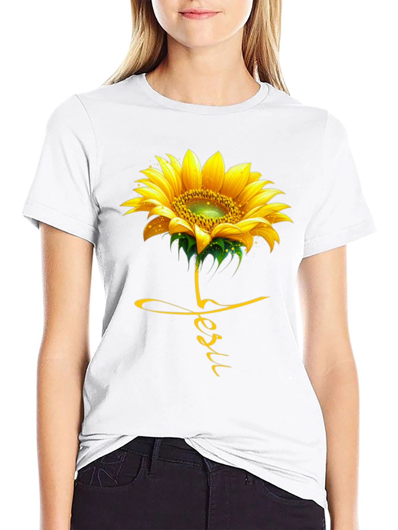 Sunflower Jesus Graphic Print Black T-Shirt