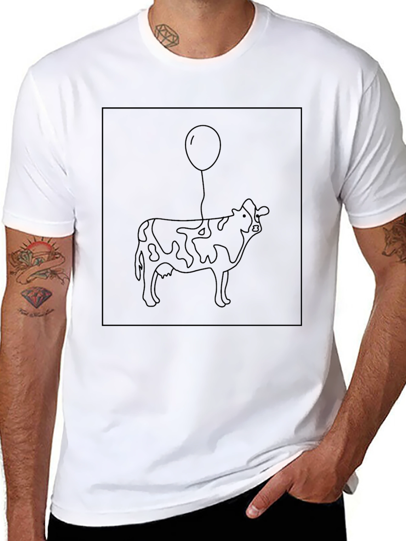 Cow with Balloon Graphic Black T-Shirt