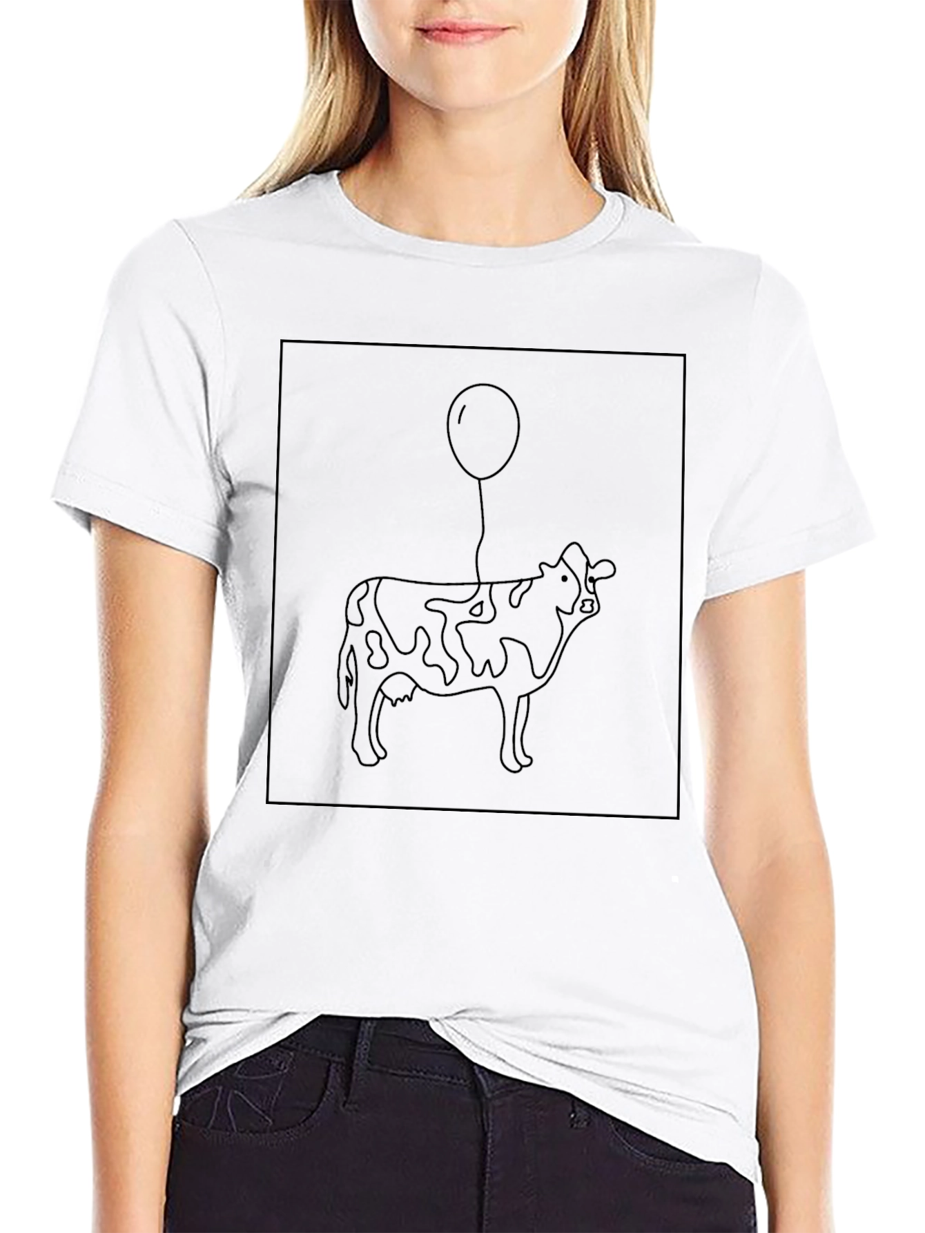 Cow with Balloon Graphic Black T-Shirt