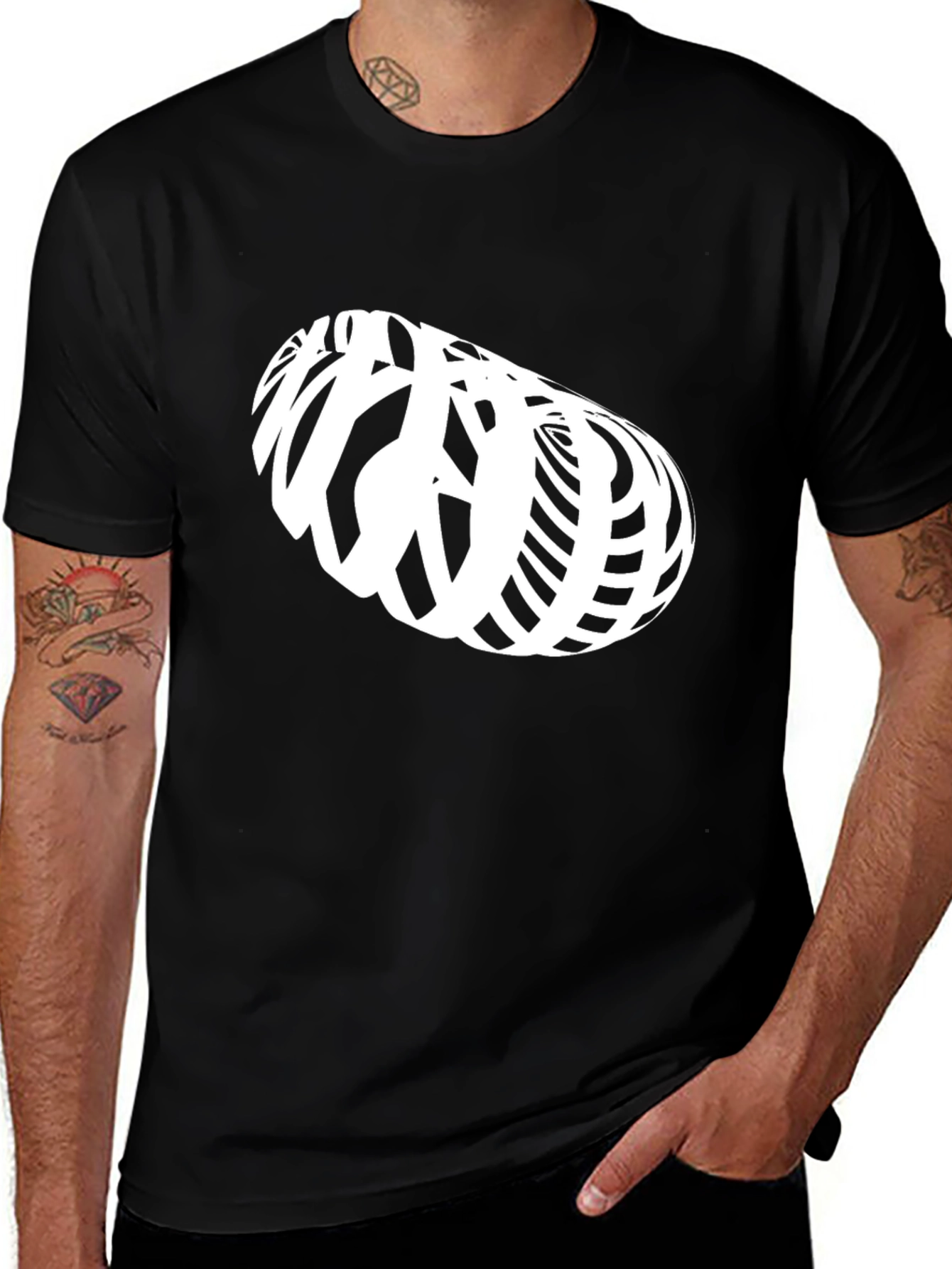 Abstract White Illusion Design on Black T-Shirt
