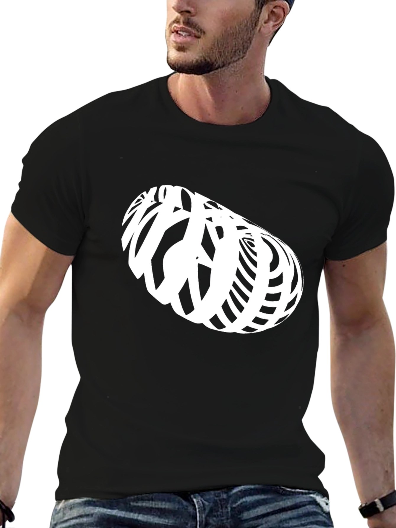 Abstract White Illusion Design on Black T-Shirt