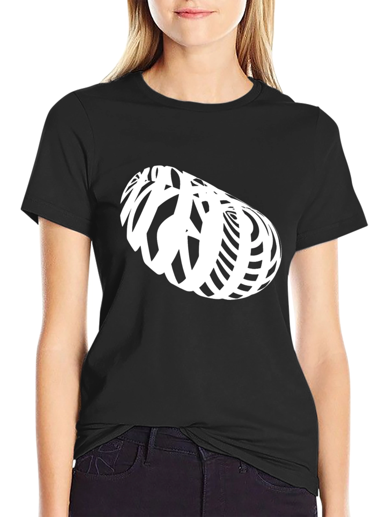 Abstract White Illusion Design on Black T-Shirt