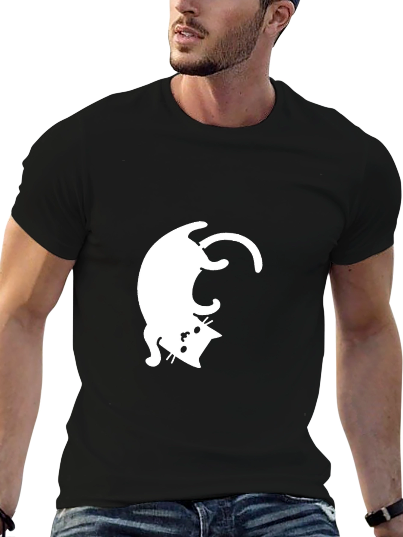 Upside Down Cat Graphic Tee - Mens Black T-Shirt
