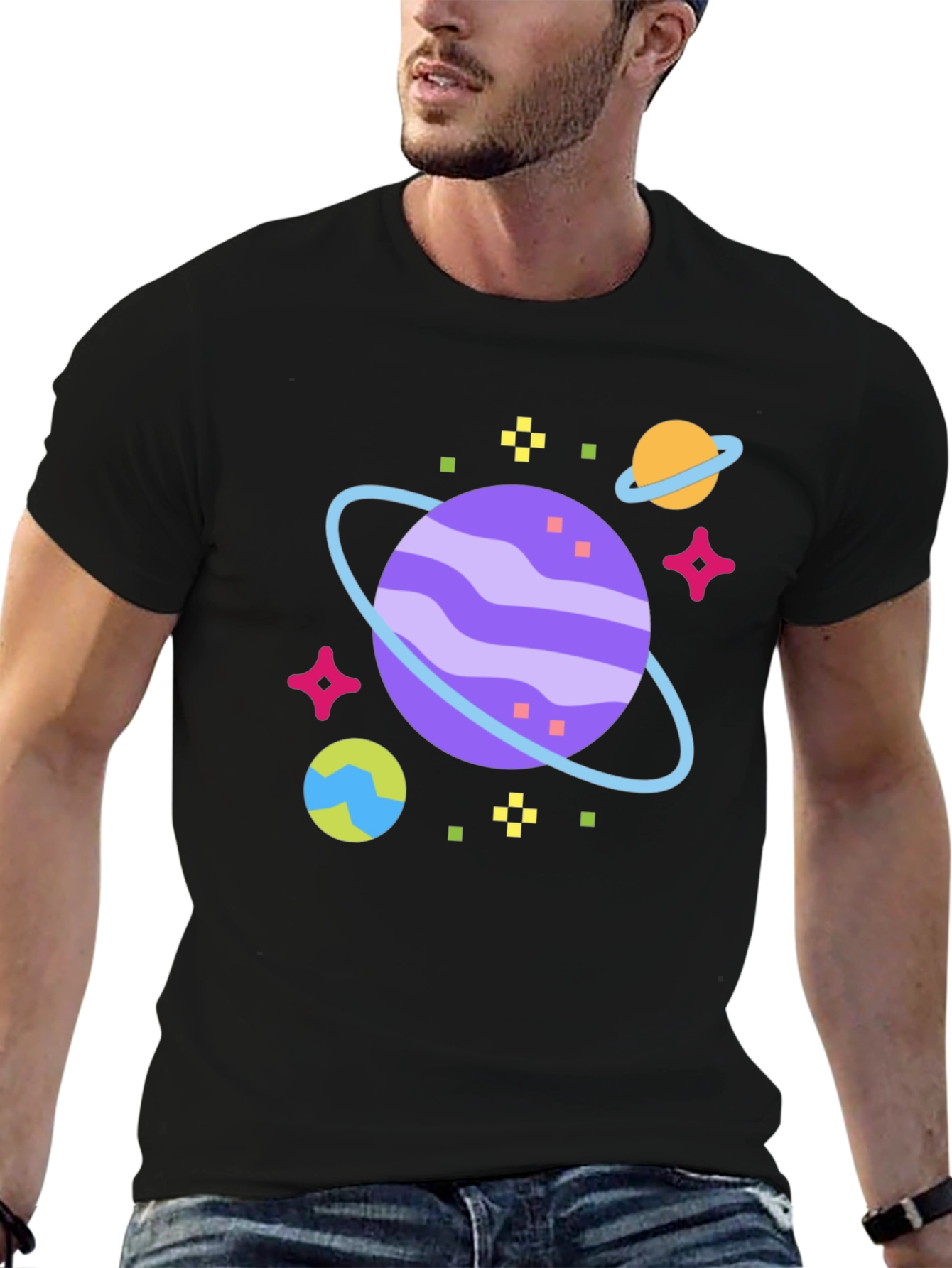 Space Planet Graphic Tee - Black Cotton T-Shirt