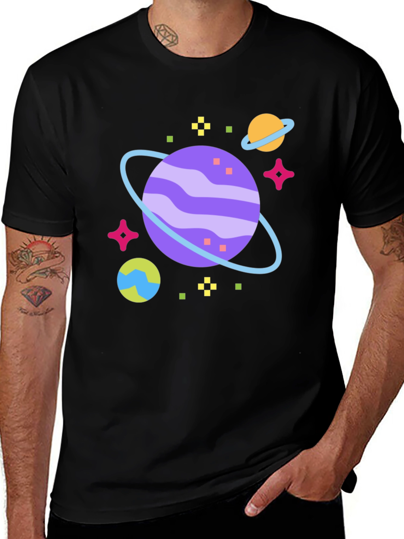 Space Planet Graphic Tee - Black Cotton T-Shirt