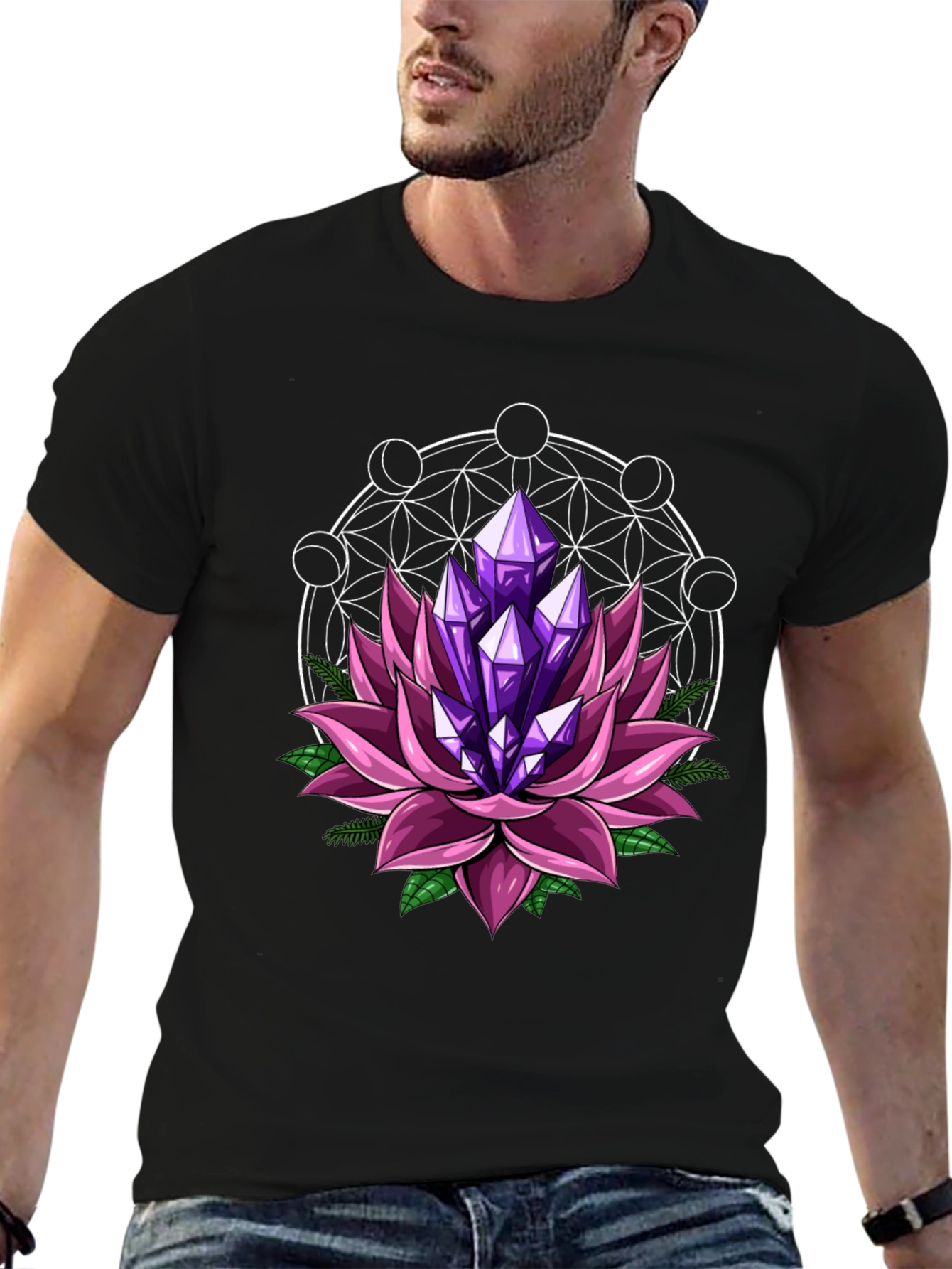 Lotus Crystal Graphic Tee - Stylish Mens Black T-Shirt