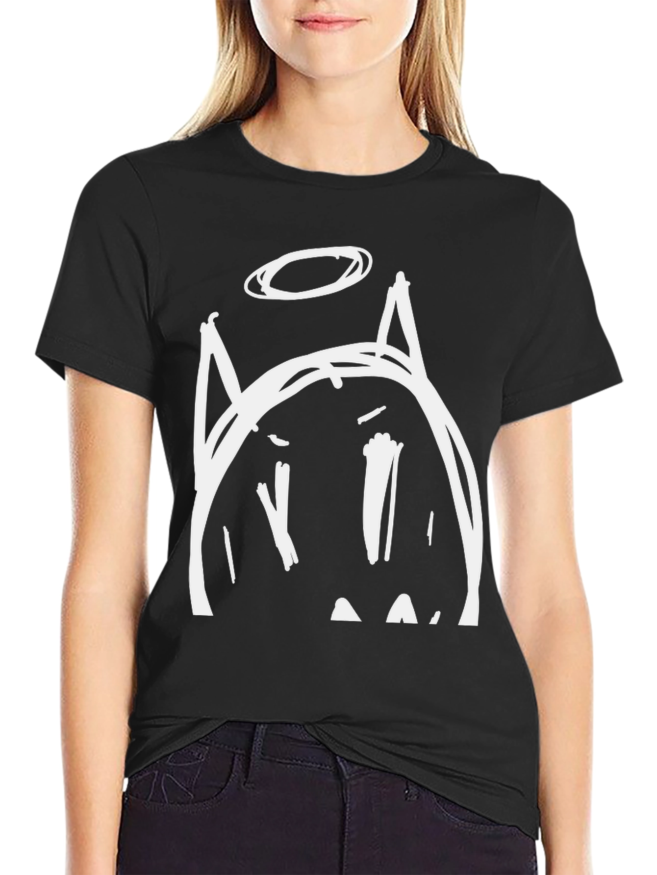 Angel Cat Tee - Black Crew Neck Graphic T-Shirt