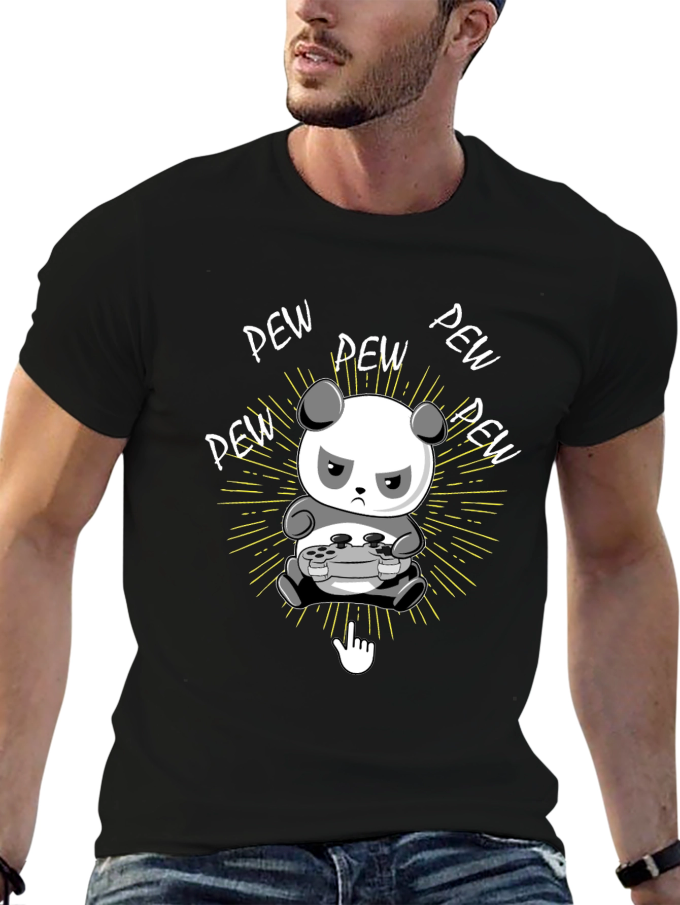 Gamer Panda Black T-Shirt - Pew Pew Design