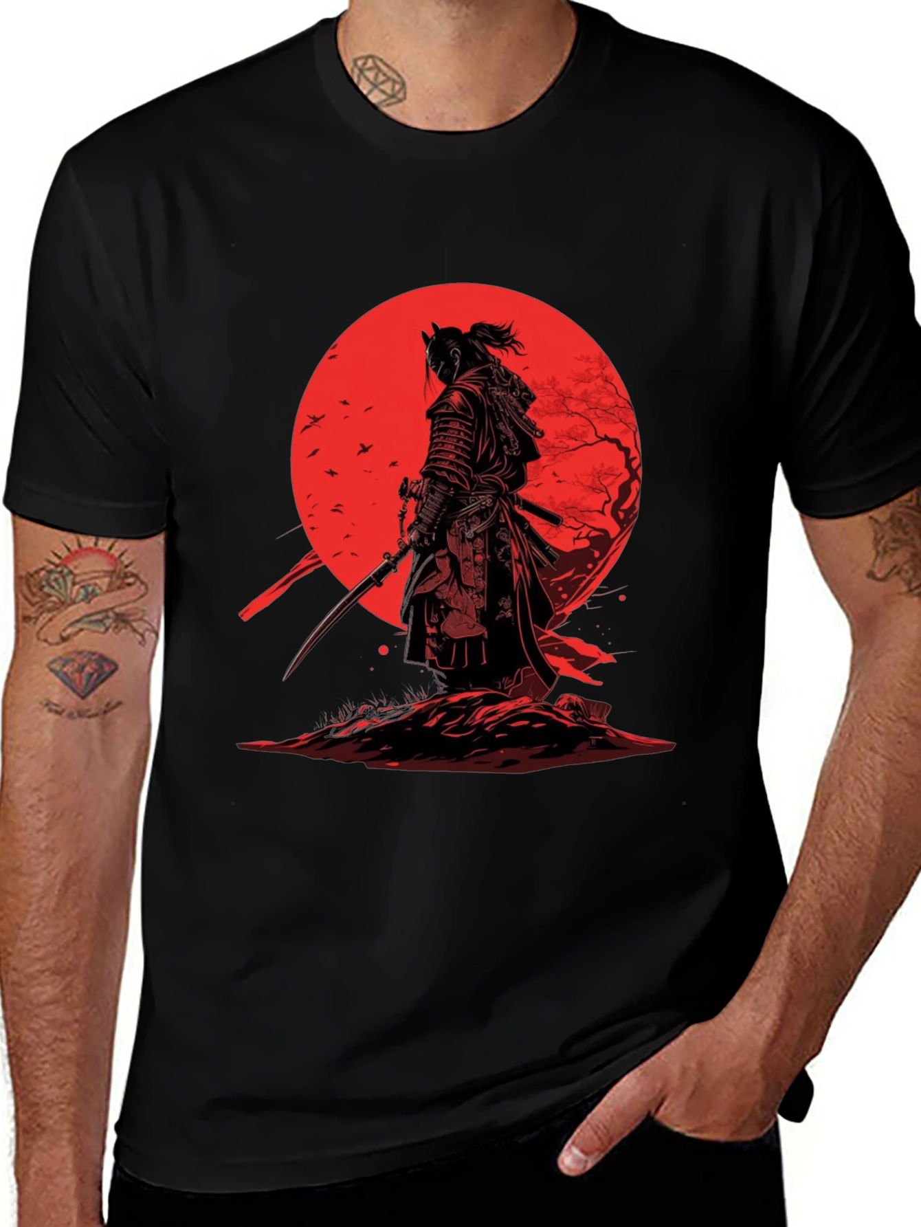 Samurai T-Shirt - Red Moon Japanese Warrior Design