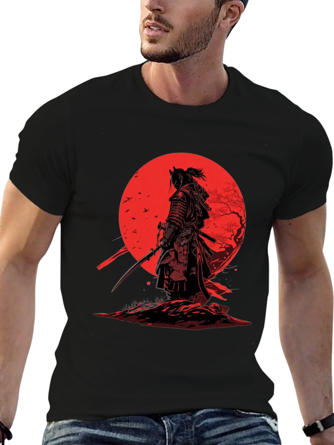 Samurai T-Shirt - Red Moon Japanese Warrior Design