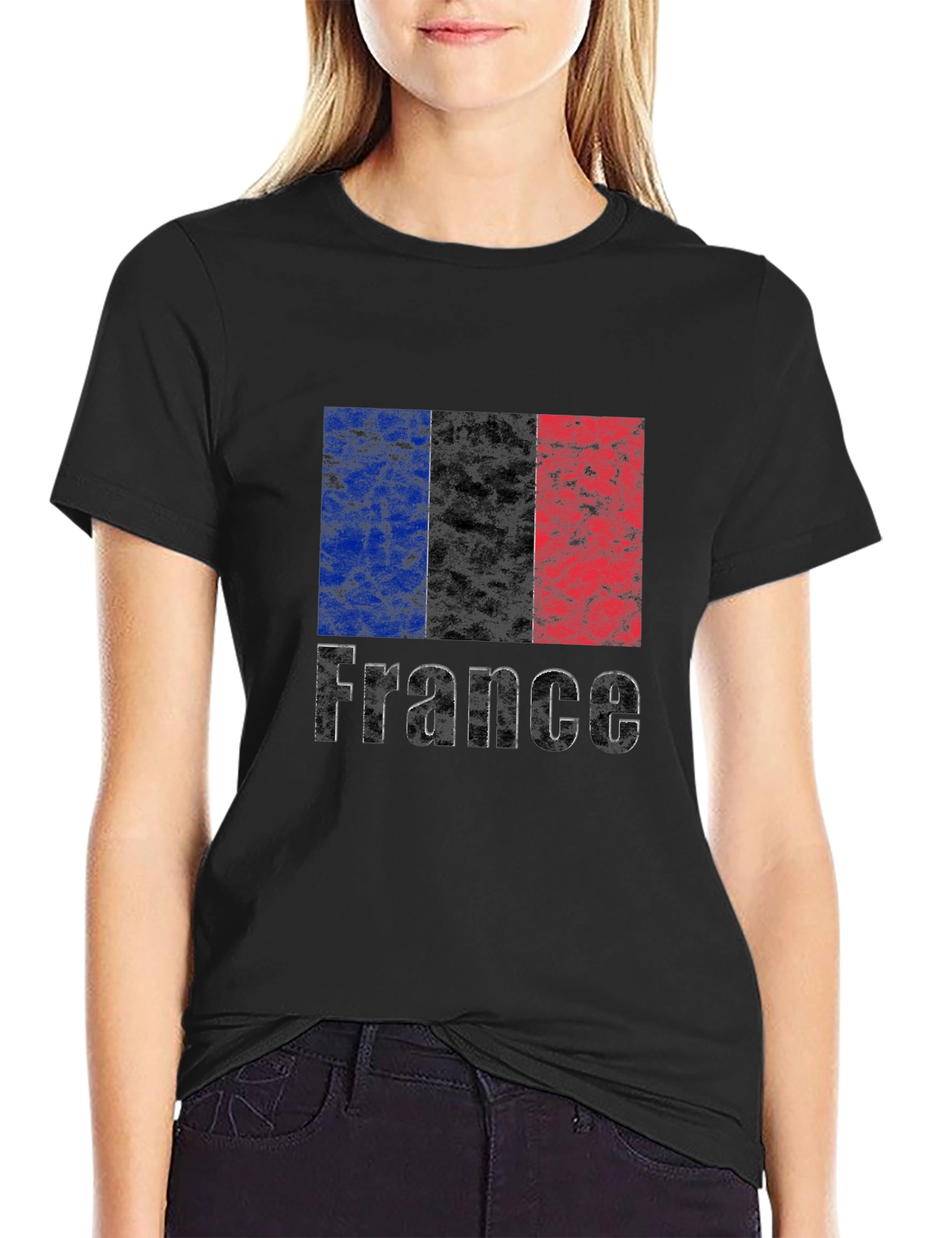 France Flag Grunge T-Shirt - Black
