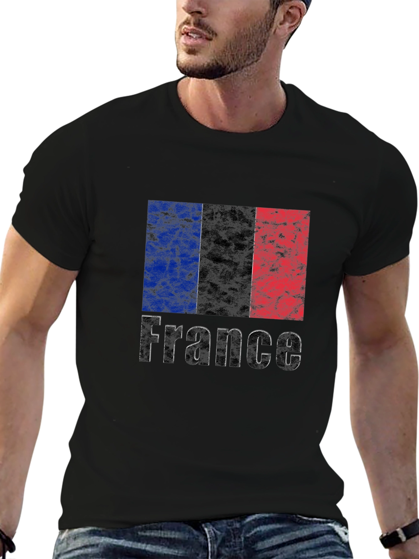 France Flag Grunge T-Shirt - Black