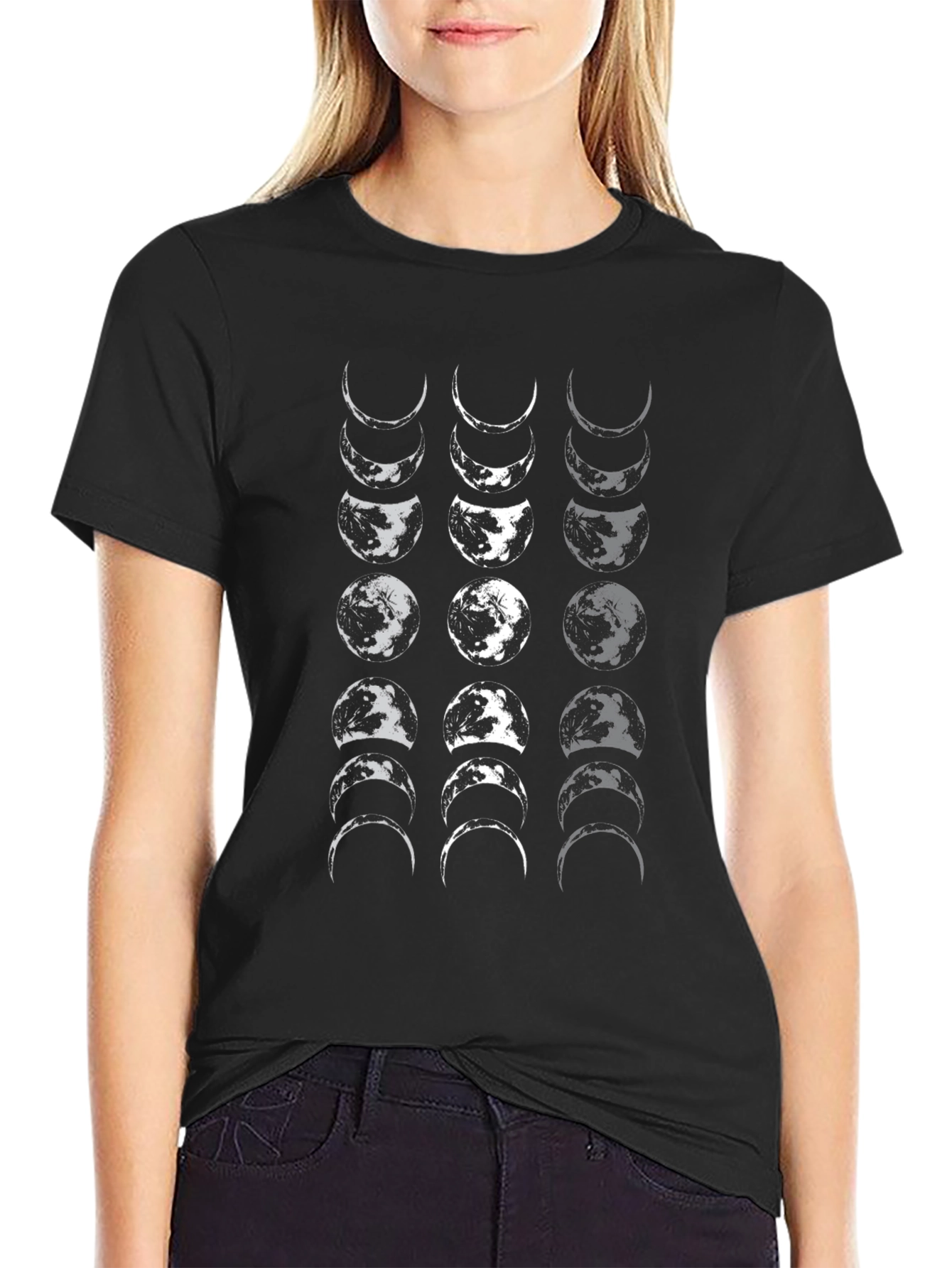 Moon Phases Graphic Print Black T-Shirt