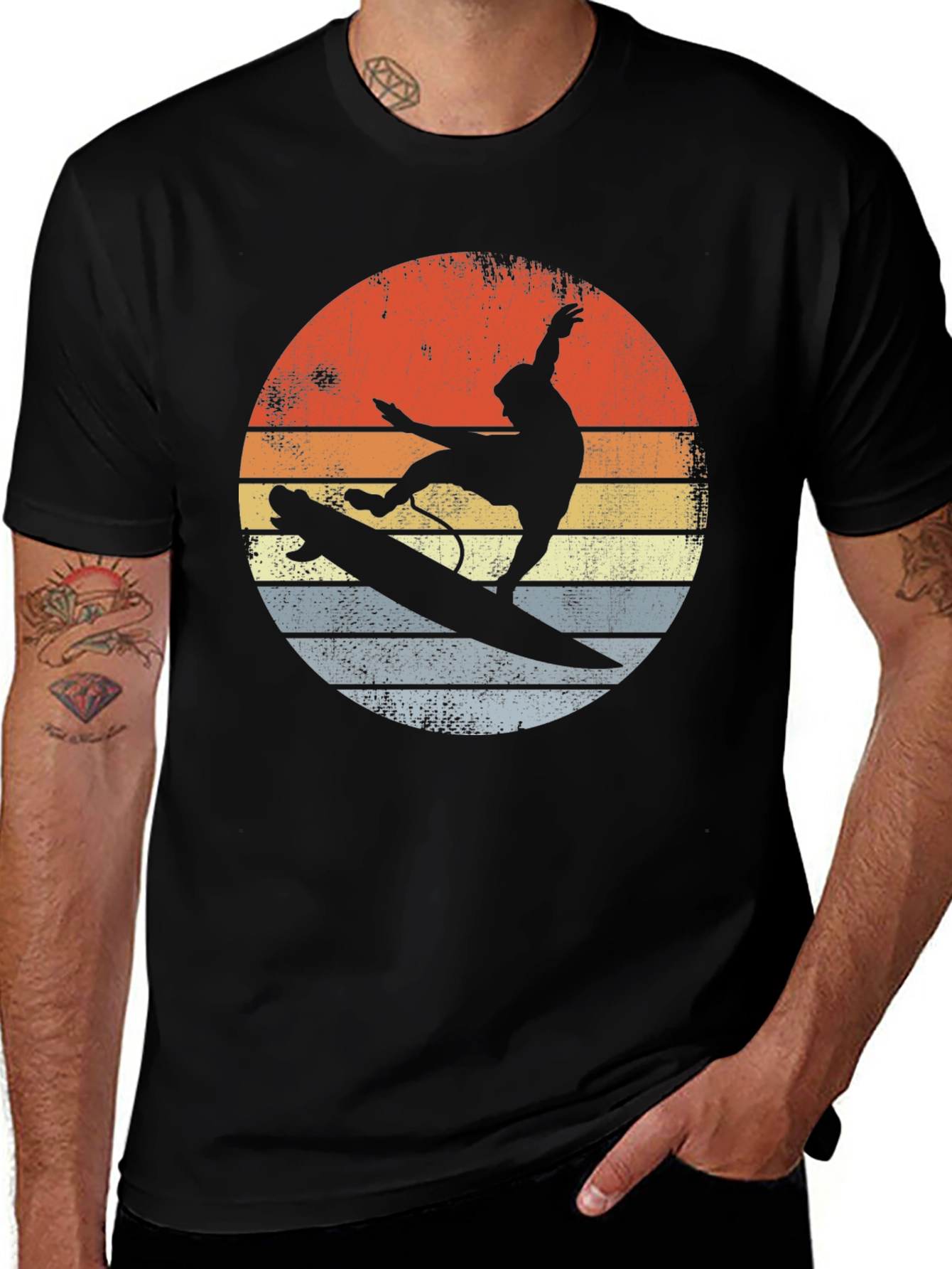 Retro Sunset Surfer Graphic Tee - Black