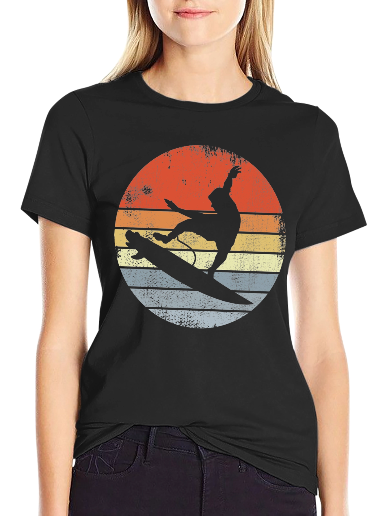 Retro Sunset Surfer Graphic Tee - Black