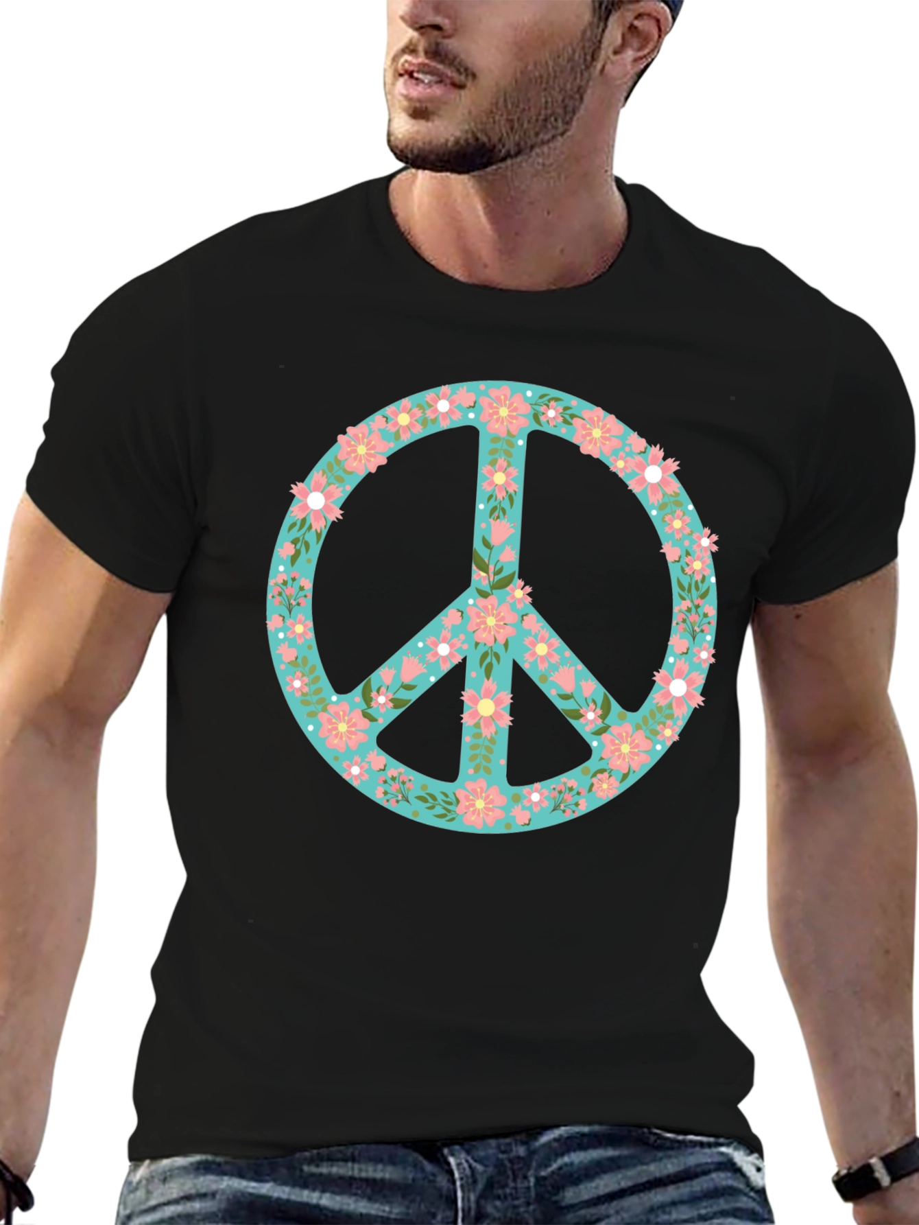 Floral Peace Sign Black T-Shirt