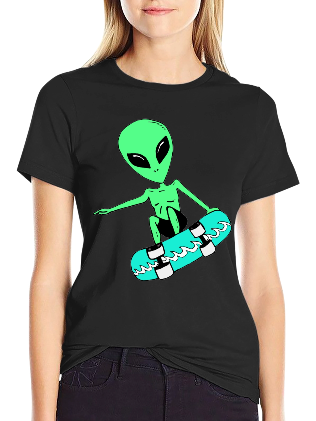 Alien Skateboarder Graphic Tee - Black