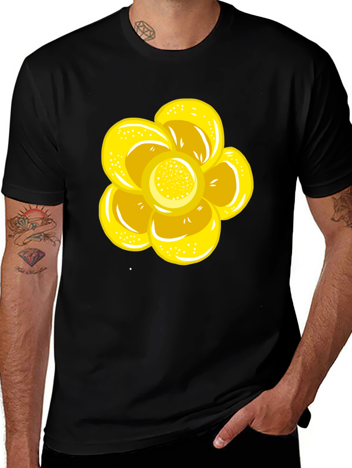 Black T-Shirt with Yellow Flower Graphic