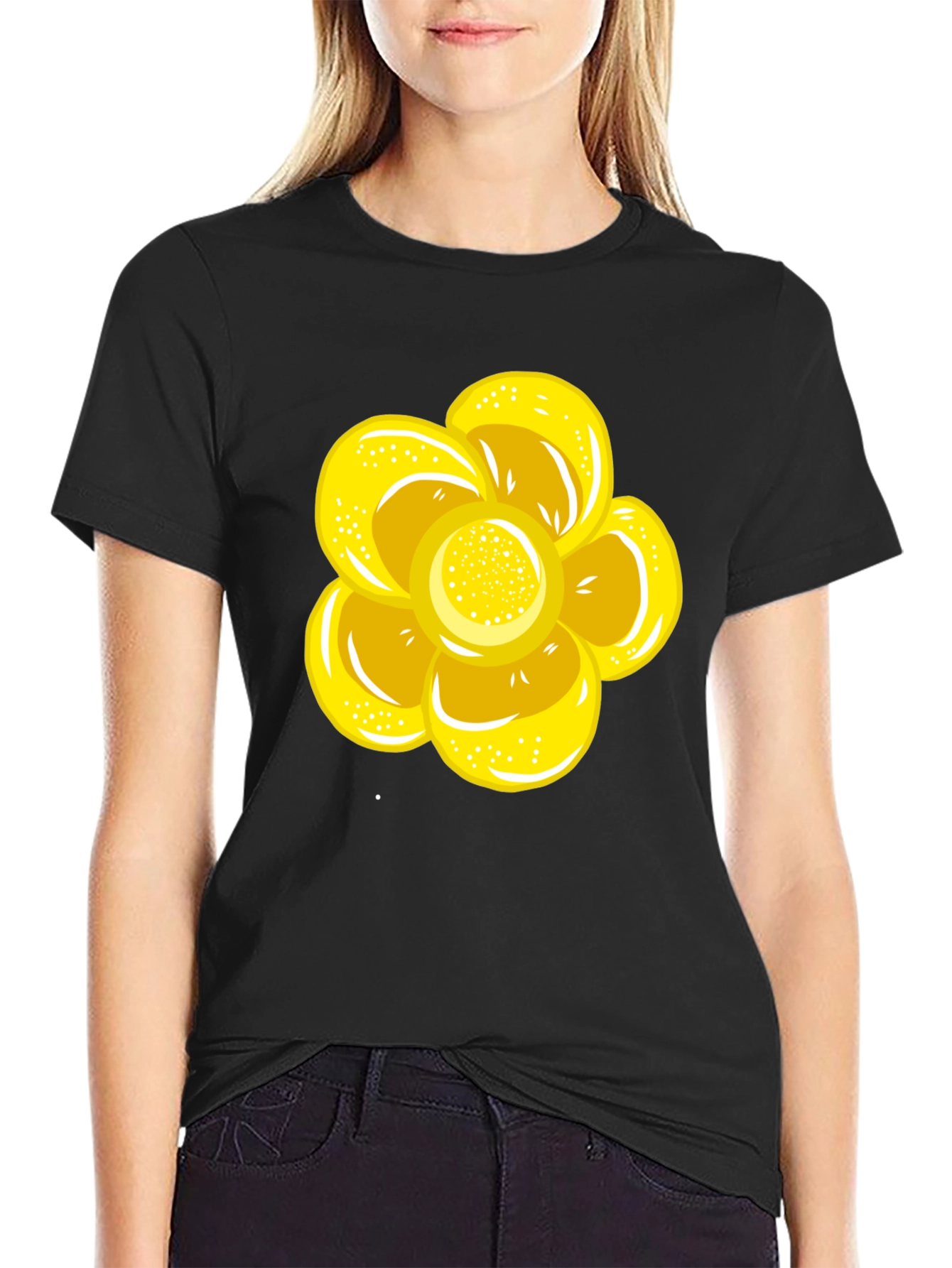 Black T-Shirt with Yellow Flower Graphic