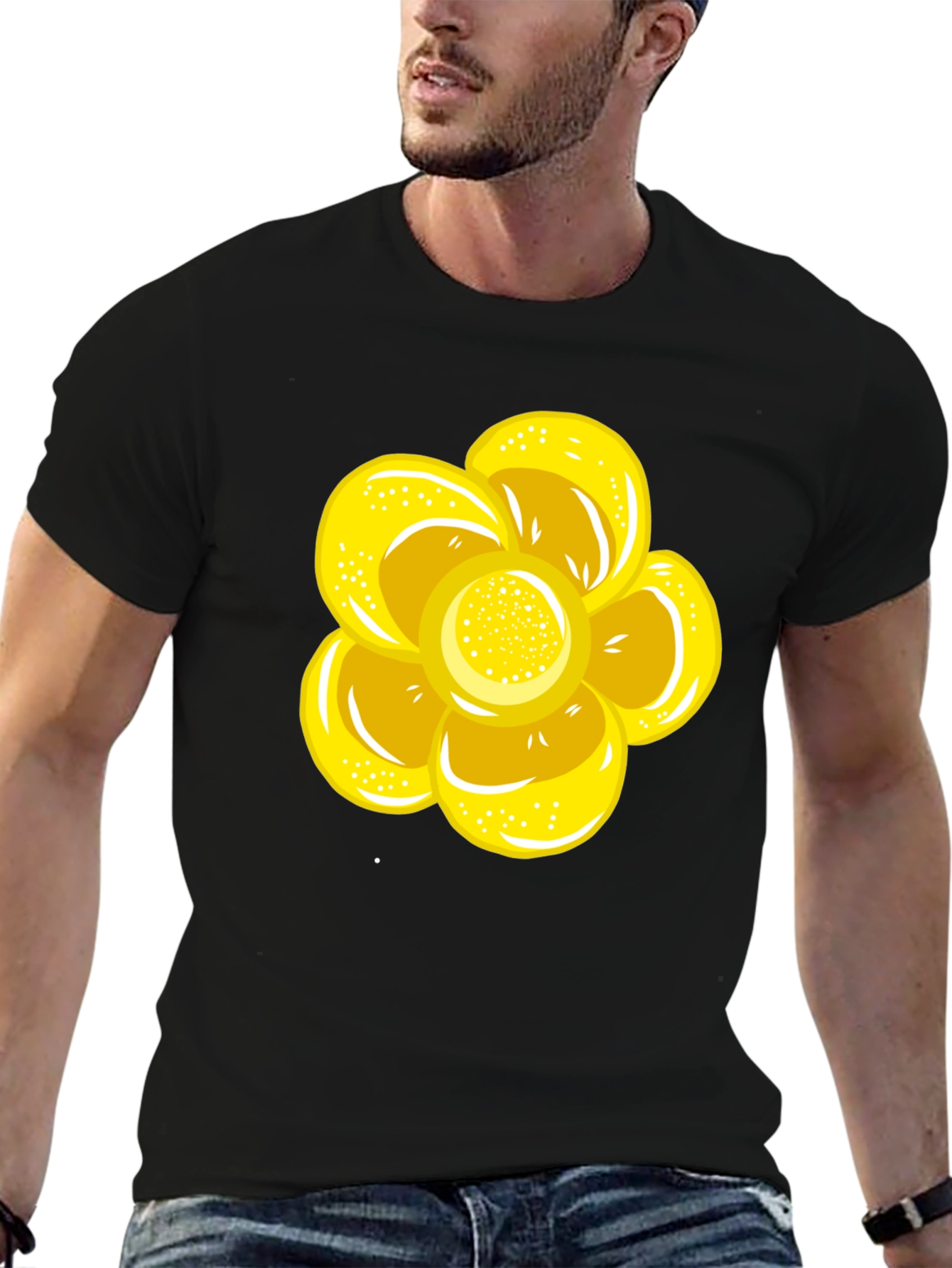 Black T-Shirt with Yellow Flower Graphic