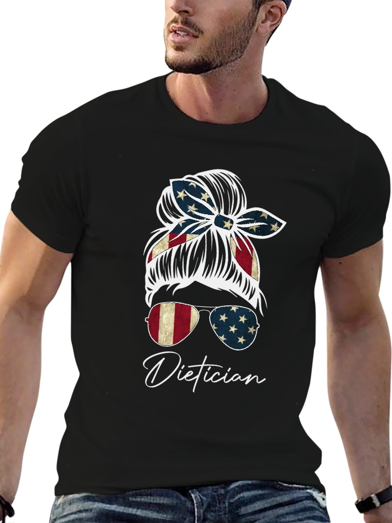 Dietician Messy Bun American Flag T-Shirt