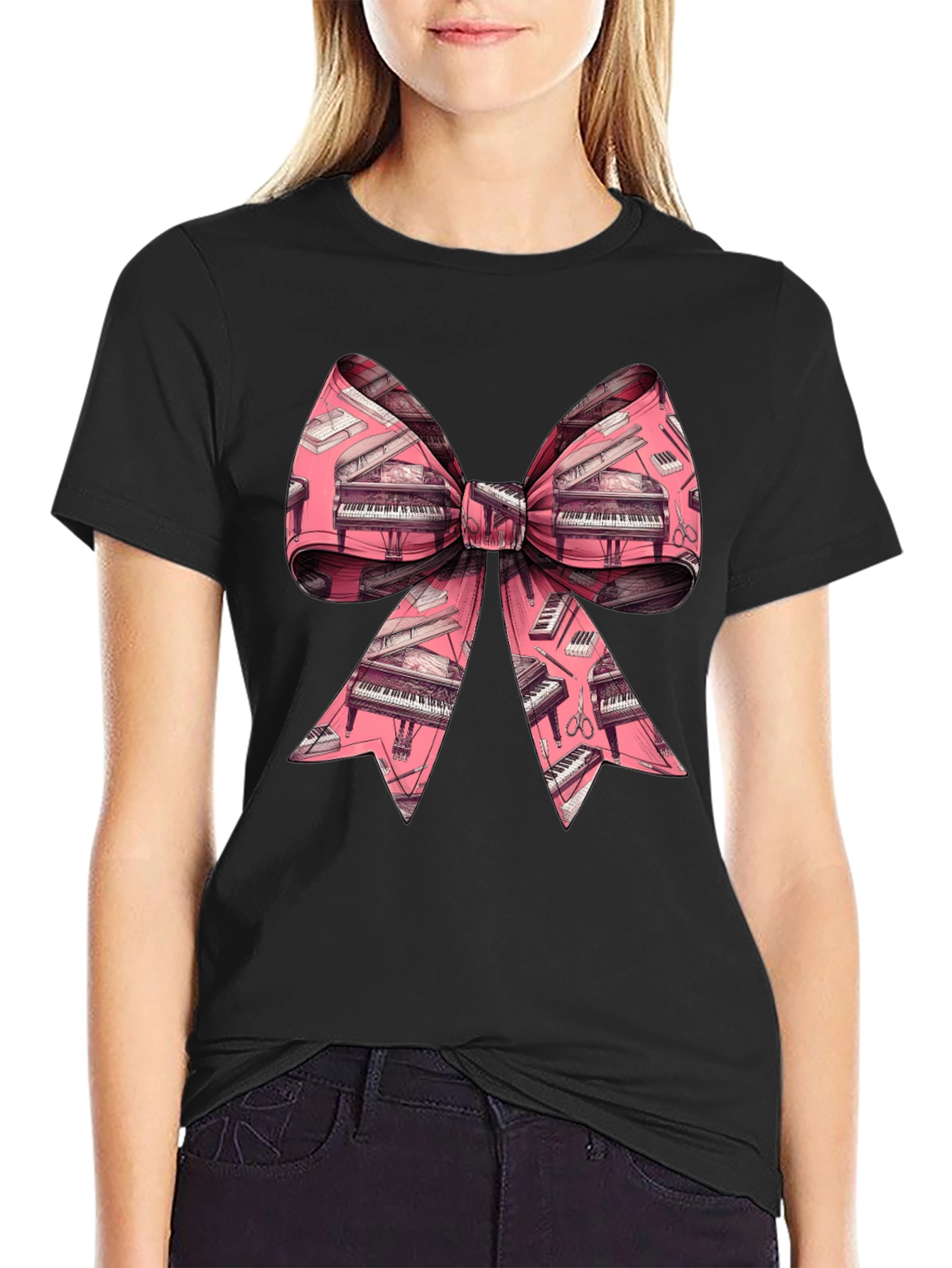 Piano Bow Graphic Tee - Unique Musical Style