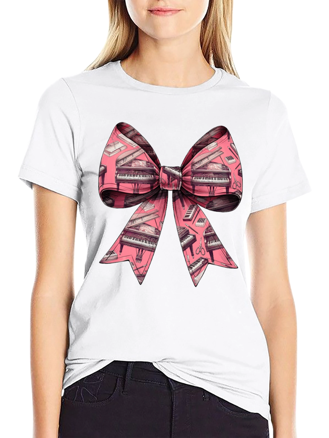 Piano Bow Graphic Tee - Unique Musical Style