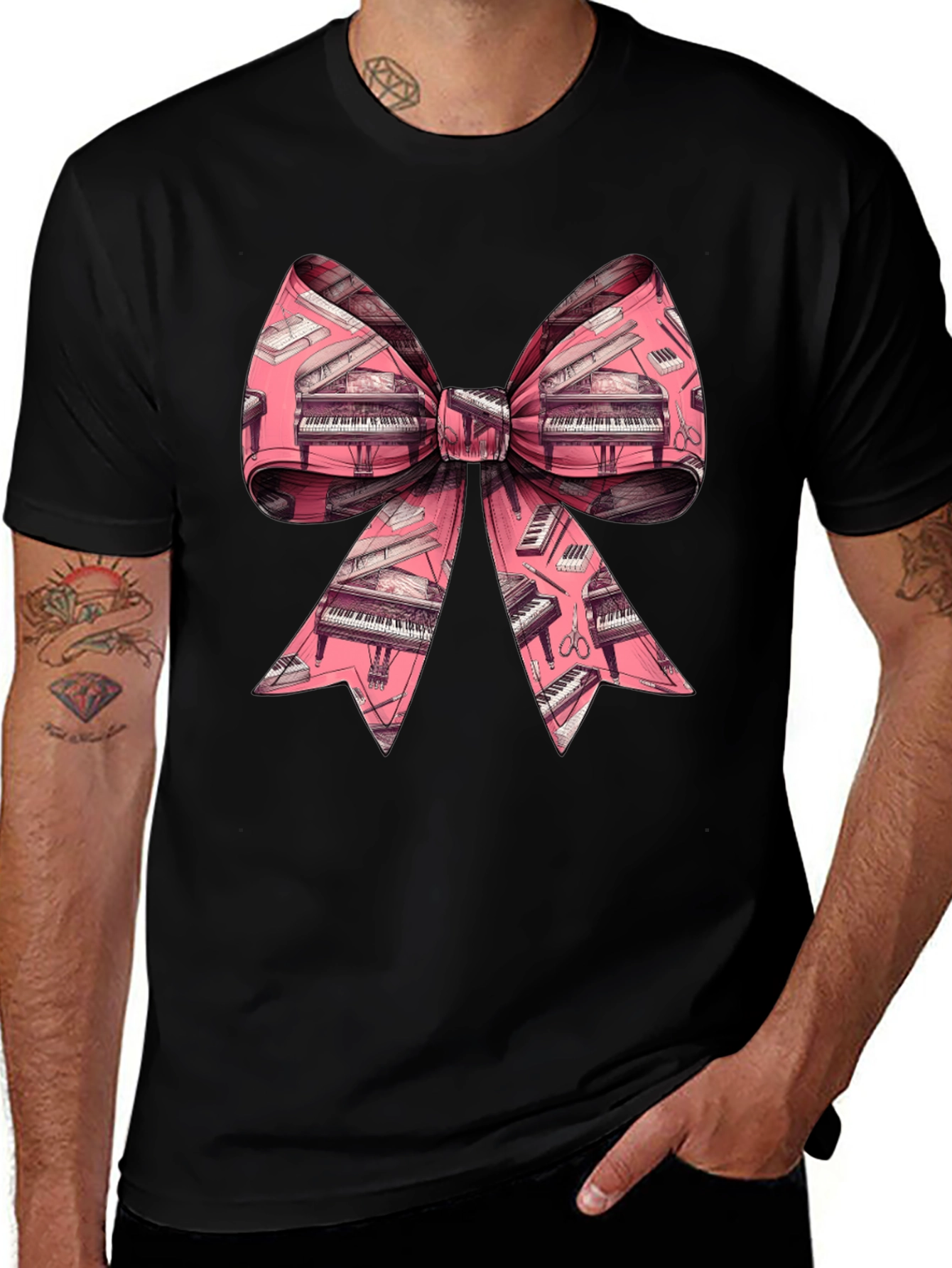 Piano Bow Graphic Tee - Unique Musical Style