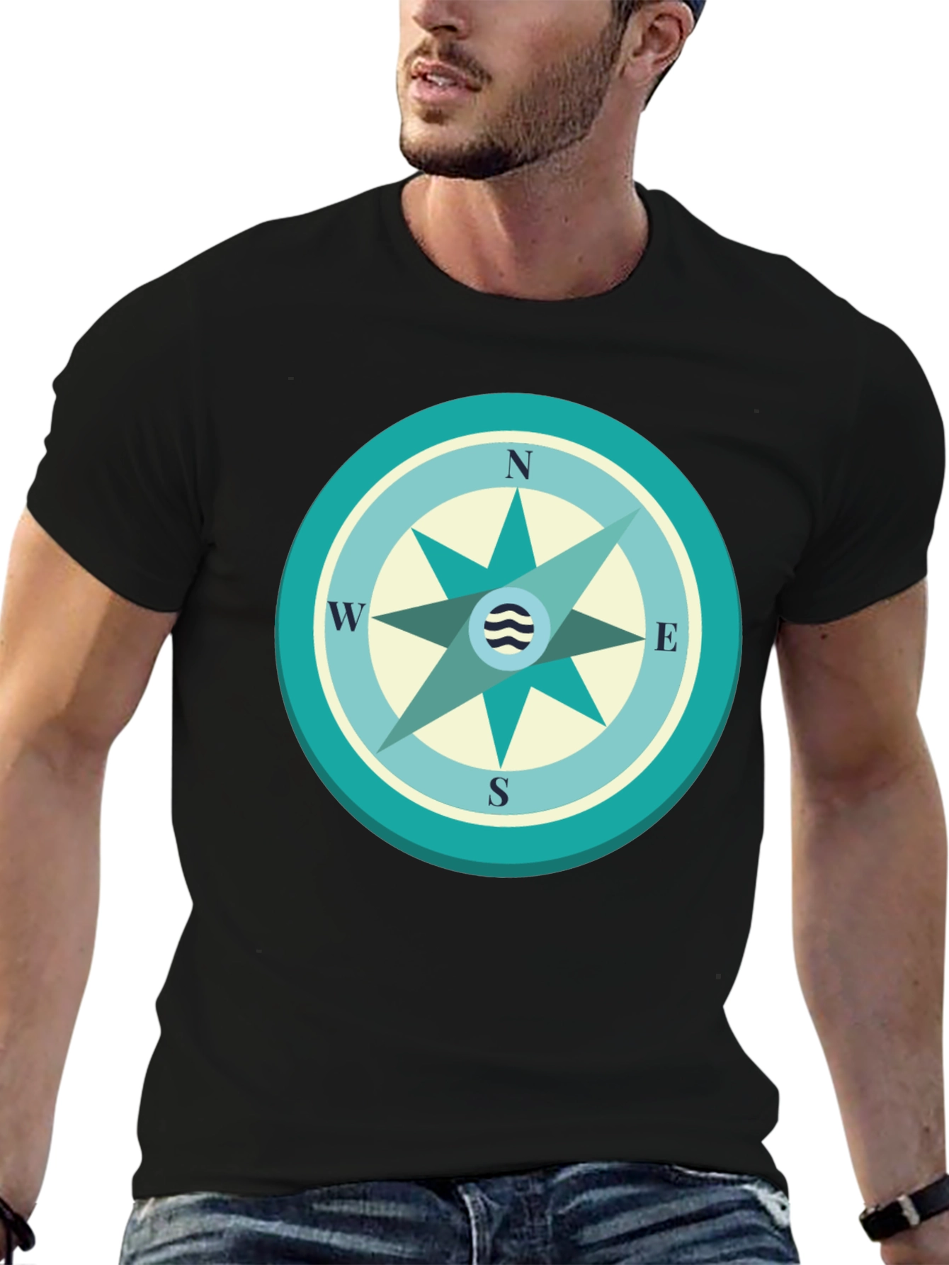 Nautical Compass Graphic Tee - Black Cotton T-Shirt