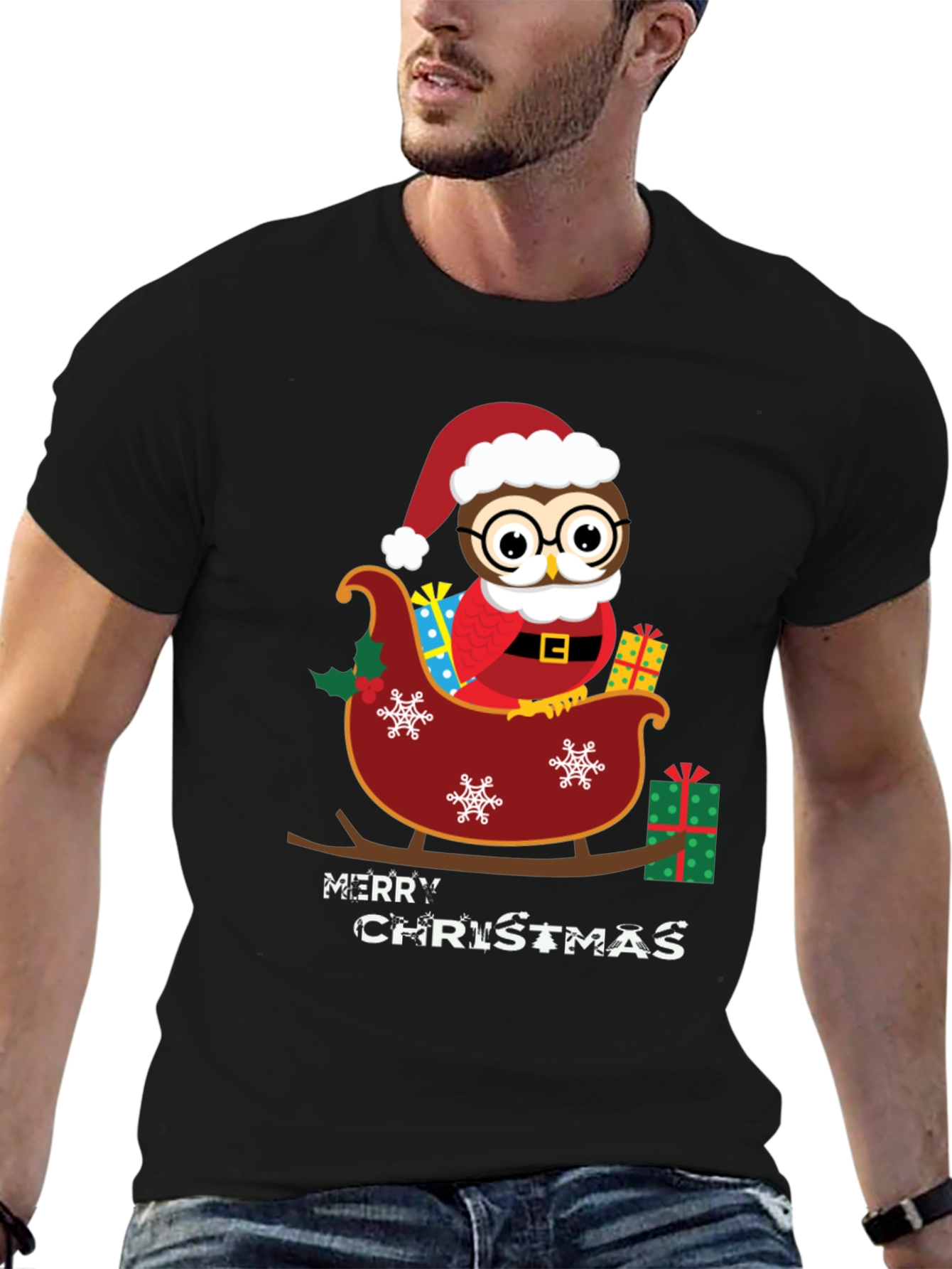 Owl Christmas Sleigh Graphic Tee