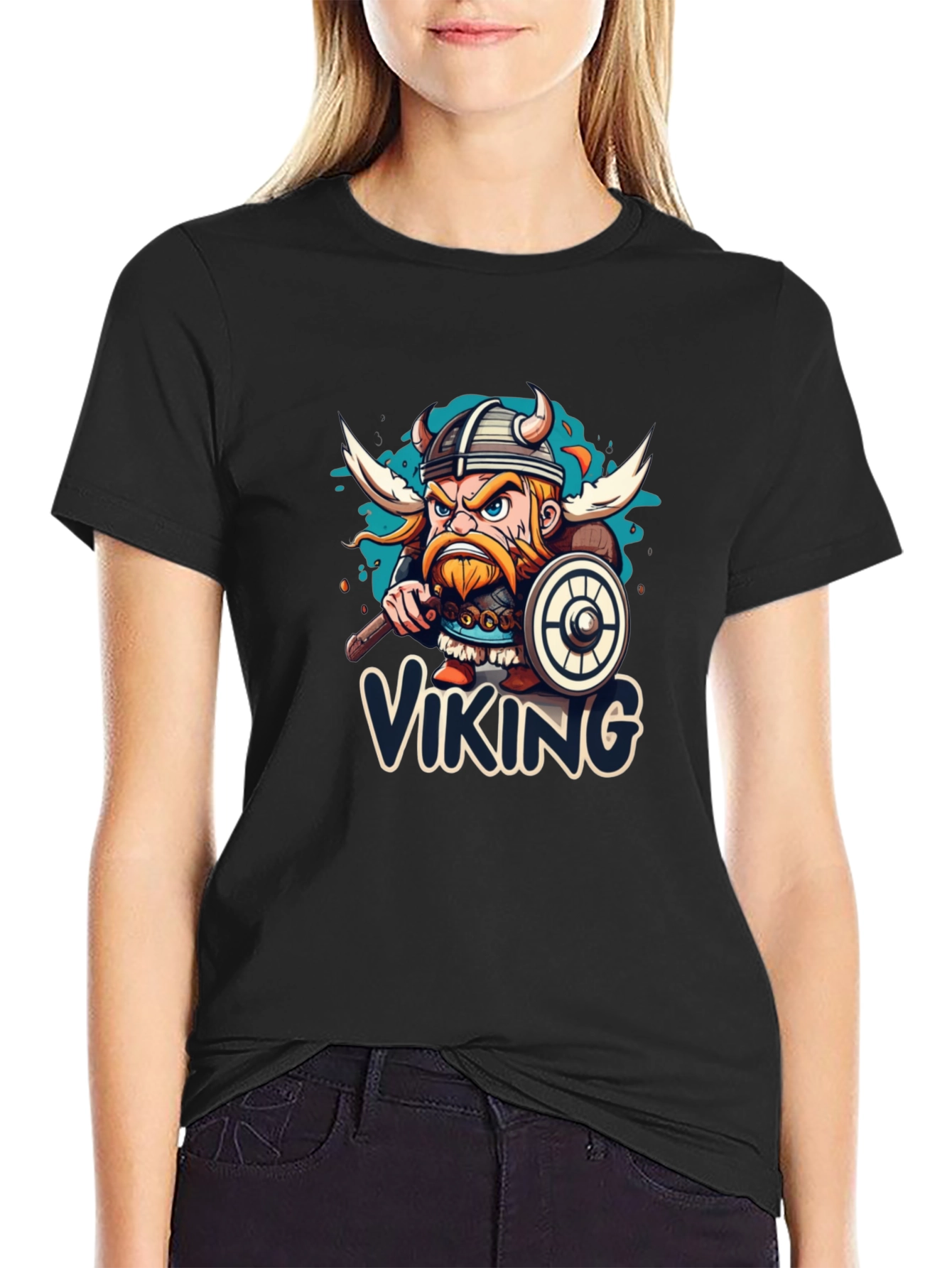 Viking Cartoon Graphic Black T-Shirt