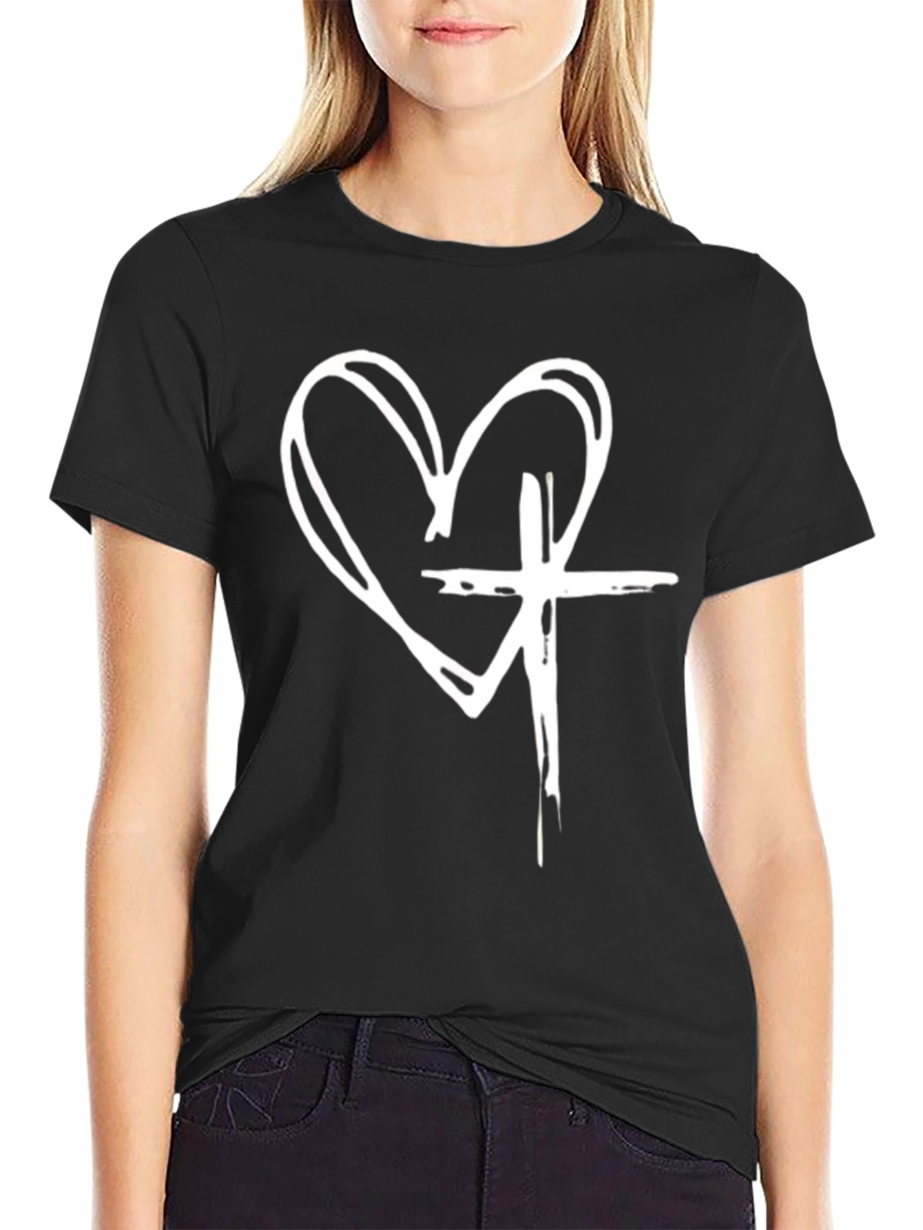 Heart Cross Graphic Black T-Shirt