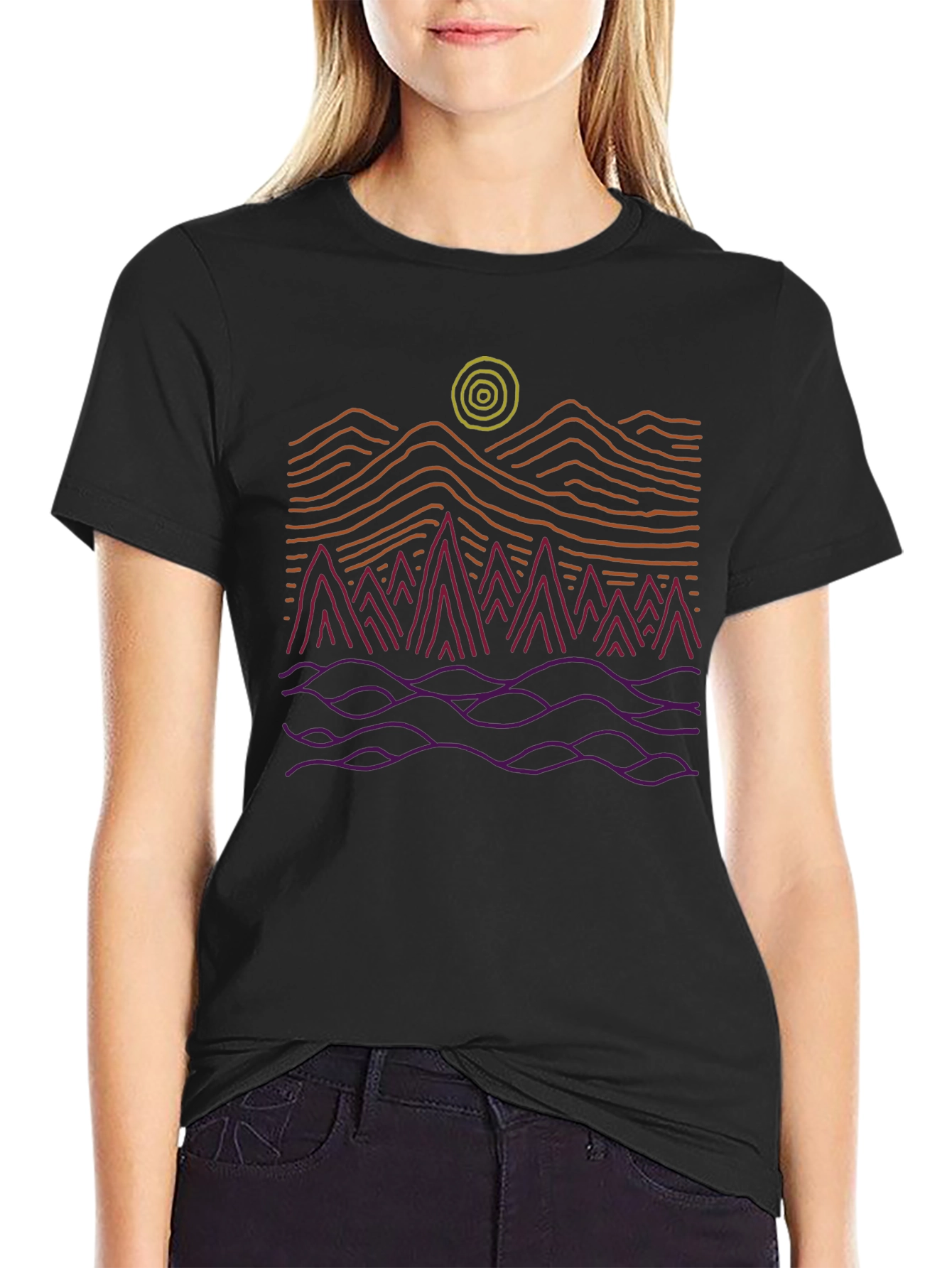 Abstract Mountain Scene Graphic Tee - Black