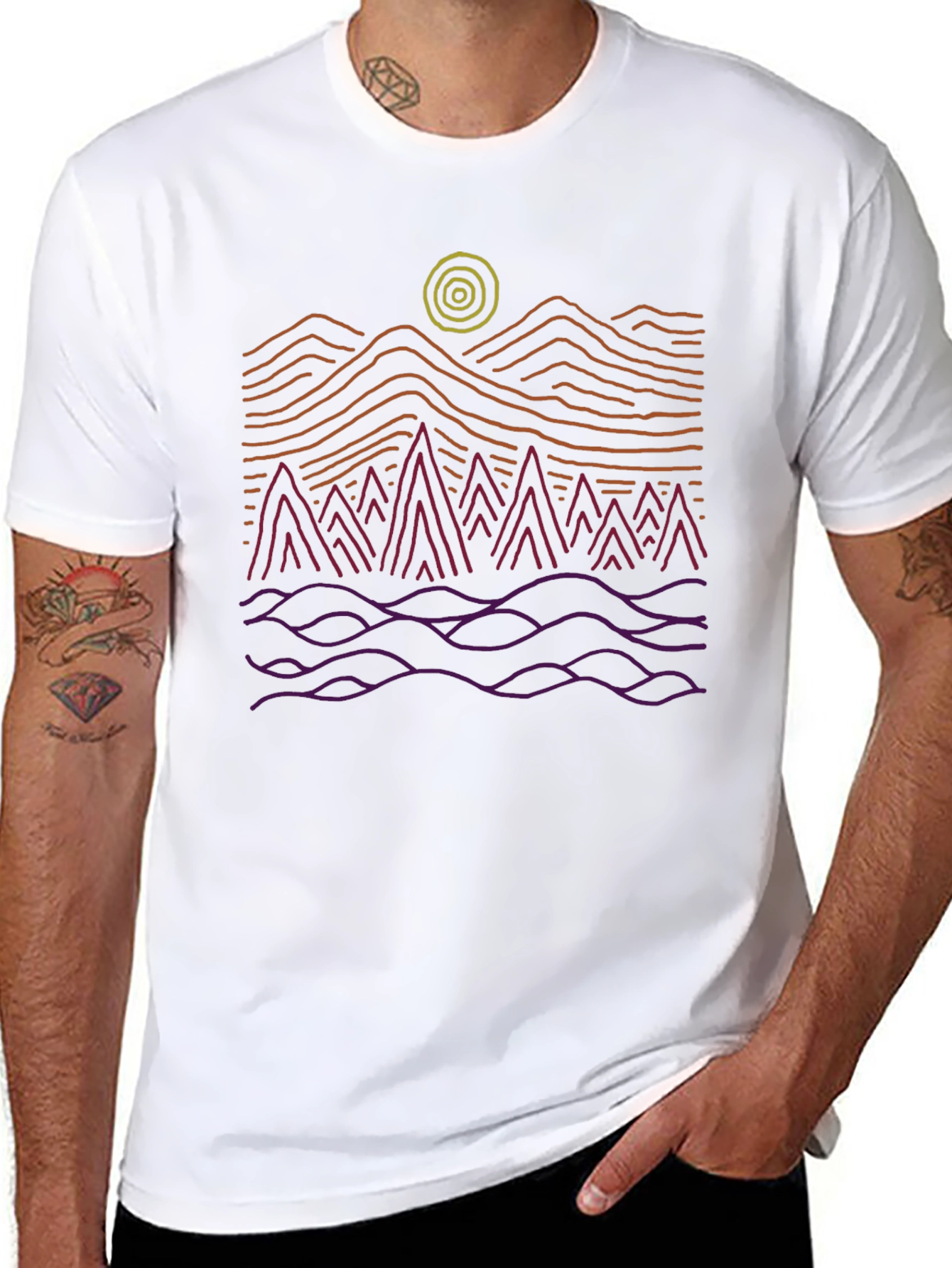 Abstract Mountain Scene Graphic Tee - Black