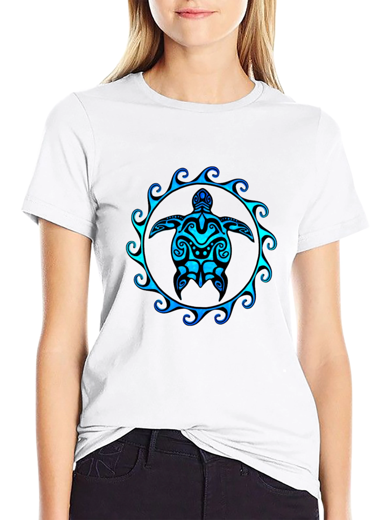 Turtle Tribal Design Black T-Shirt