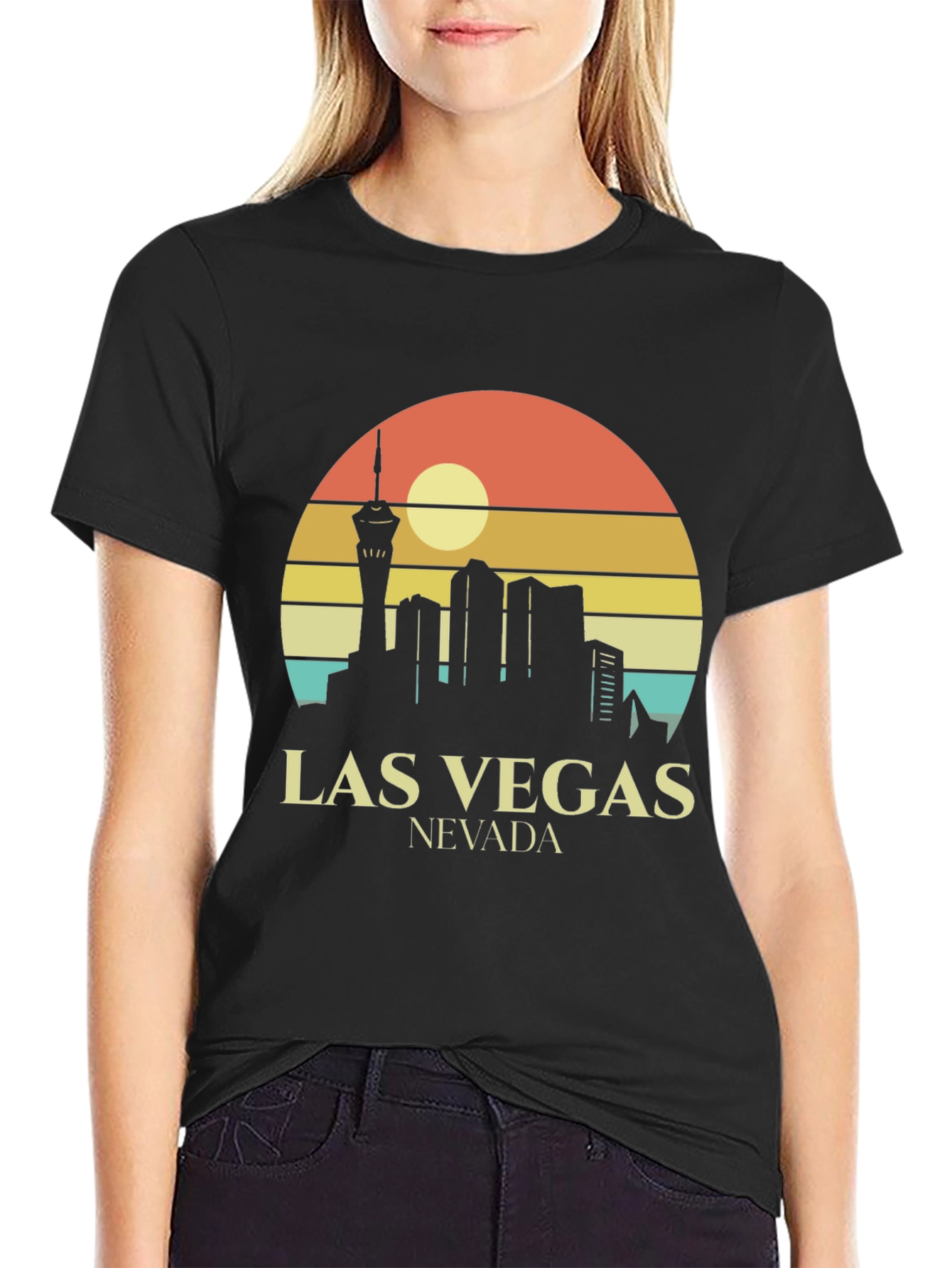 Las Vegas Skyline T-Shirt Retro Style Black Tee