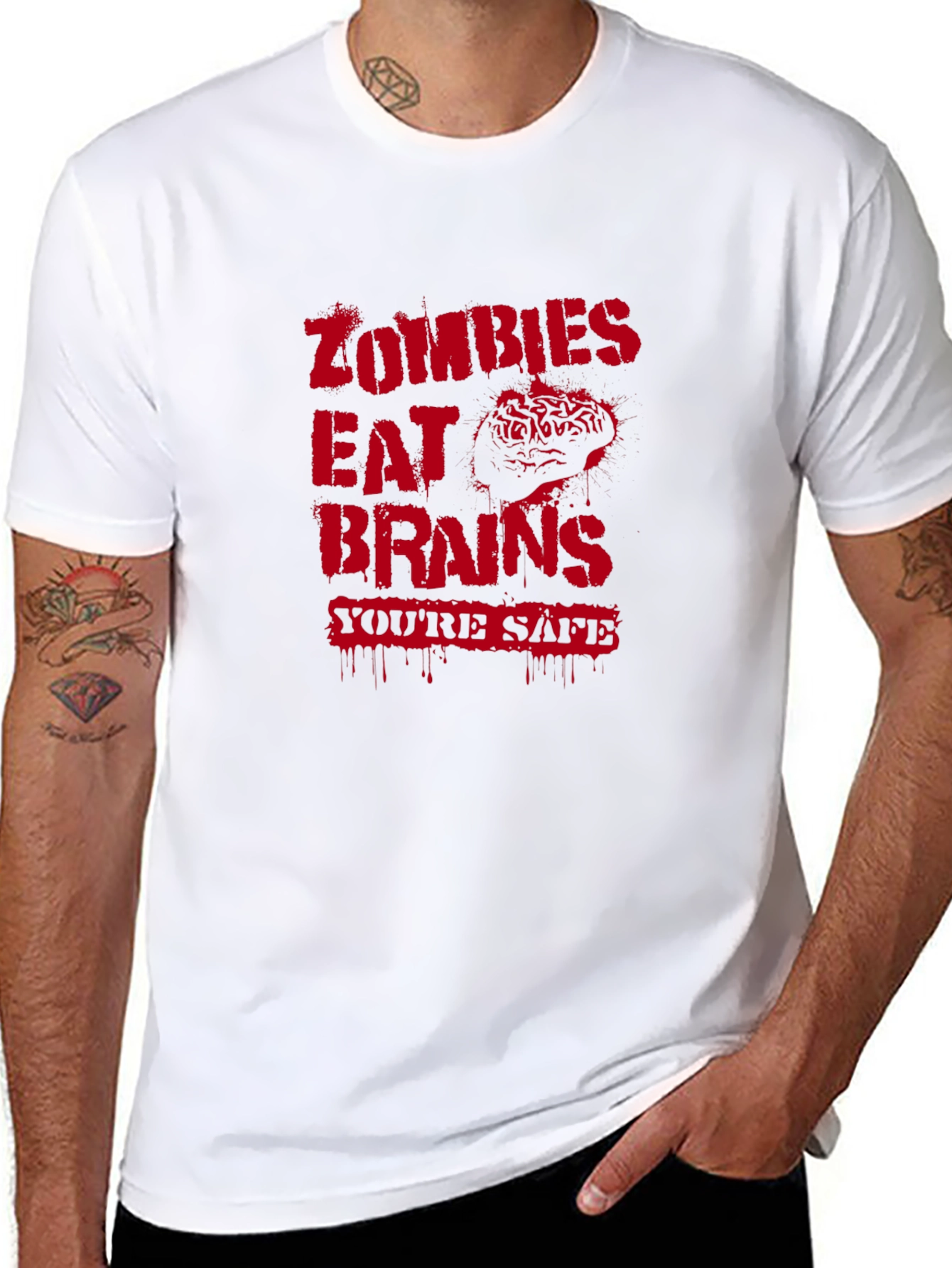 Zombies Eat Brains Graphic T-Shirt - Youre Safe!