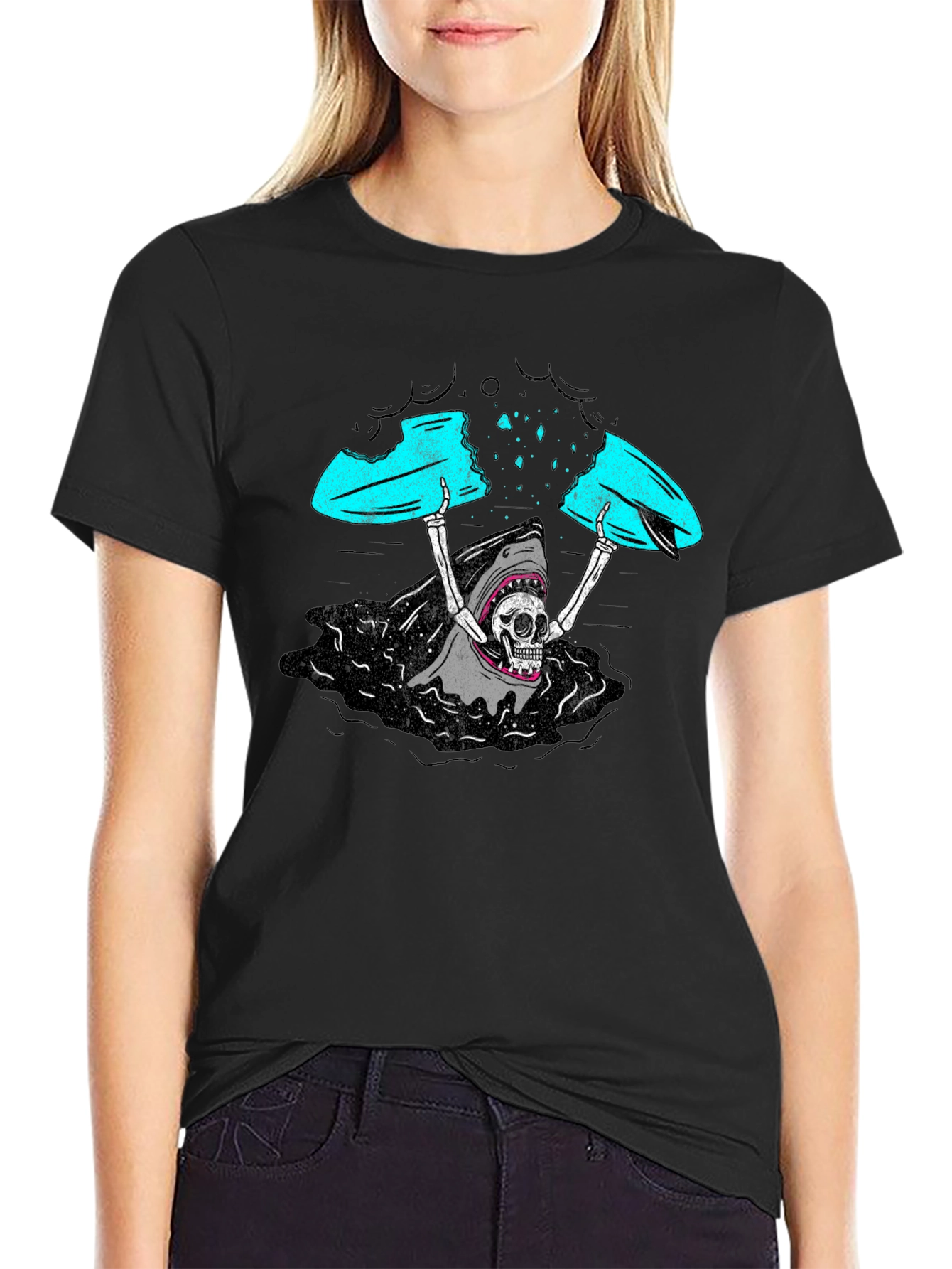Shark Skeleton Surfing Graphic Tee