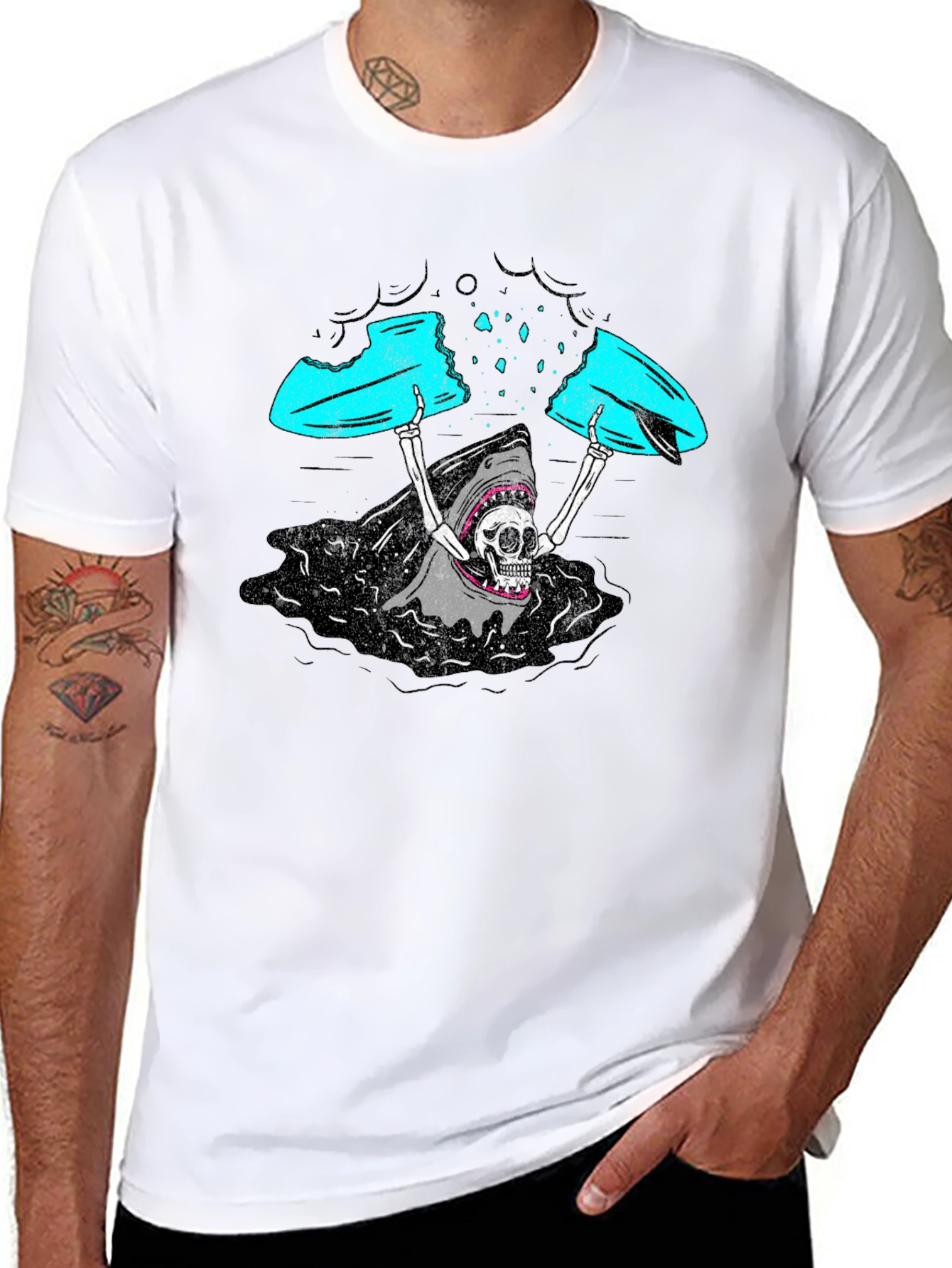 Shark Skeleton Surfing Graphic Tee