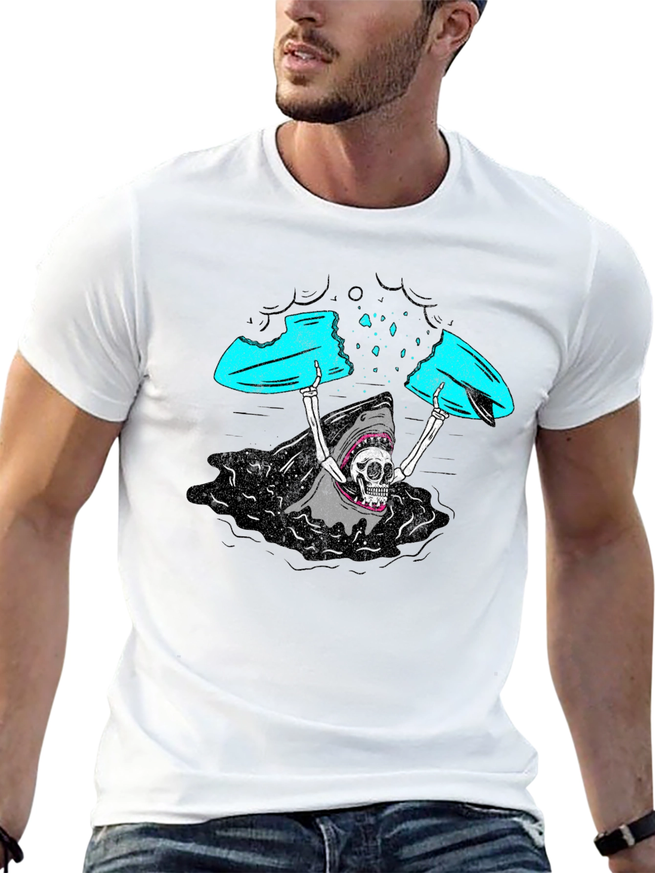 Shark Skeleton Surfing Graphic Tee